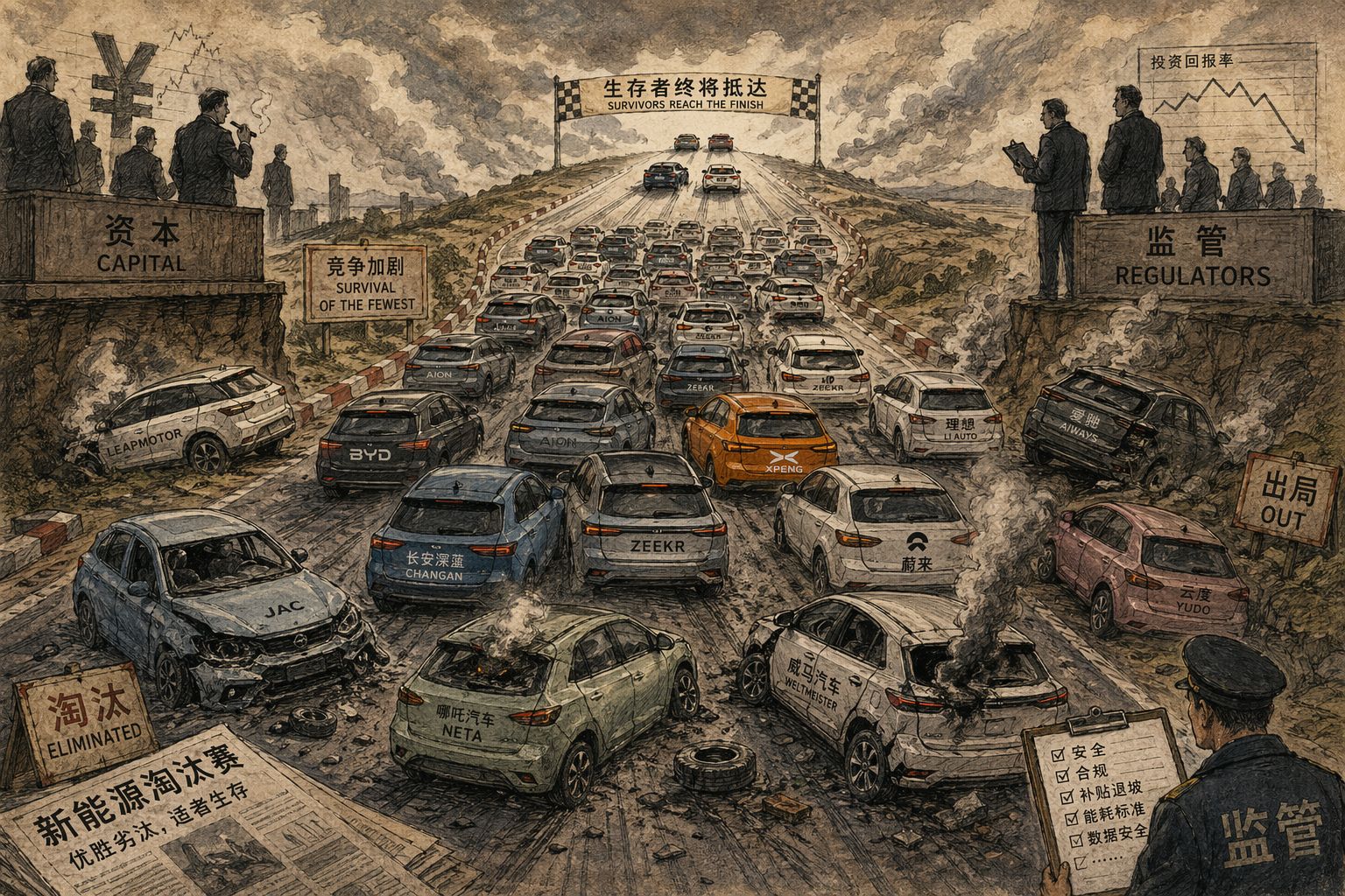 漫长赛道上密集排列着不同品牌的新能源汽车，前方道路不断收窄，部分车辆抛锚冒烟，少数车全速冲刺，背景是观望的资本与监管身影，呈现残酷淘汰赛氛围，羊皮纸，钢笔彩色手绘的统一风格。