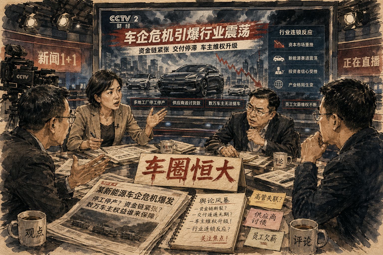 电视演播室的屏幕上播着汽车企业新闻，前景几位观众围坐讨论，桌上摊着报纸与写有“车圈恒大”的醒目标题卡片，画面像一场舆论风暴刚刚掀起，羊皮纸，钢笔彩色手绘的统一风格。