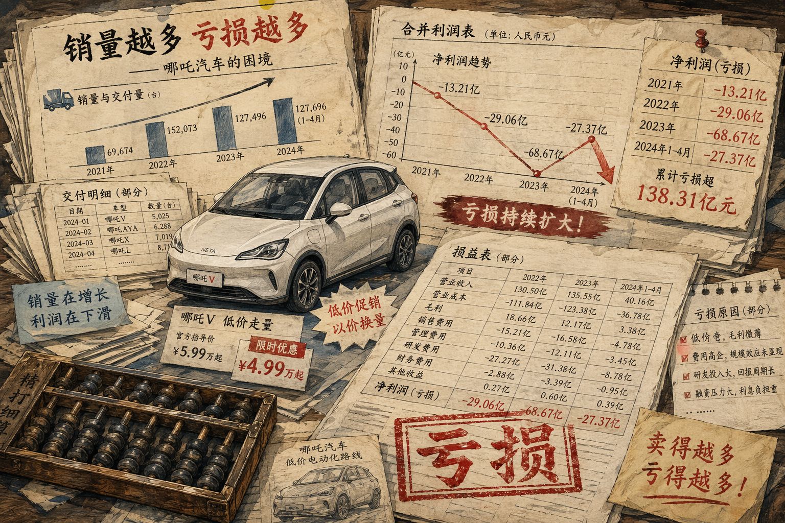 财务报表、下降的折线图、堆叠的亏损数字和一辆低价电动车并置在桌面上，算盘与红色亏损印章形成强烈对比，突出“卖得越多亏得越多”的困局，羊皮纸，钢笔彩色手绘的统一风格。