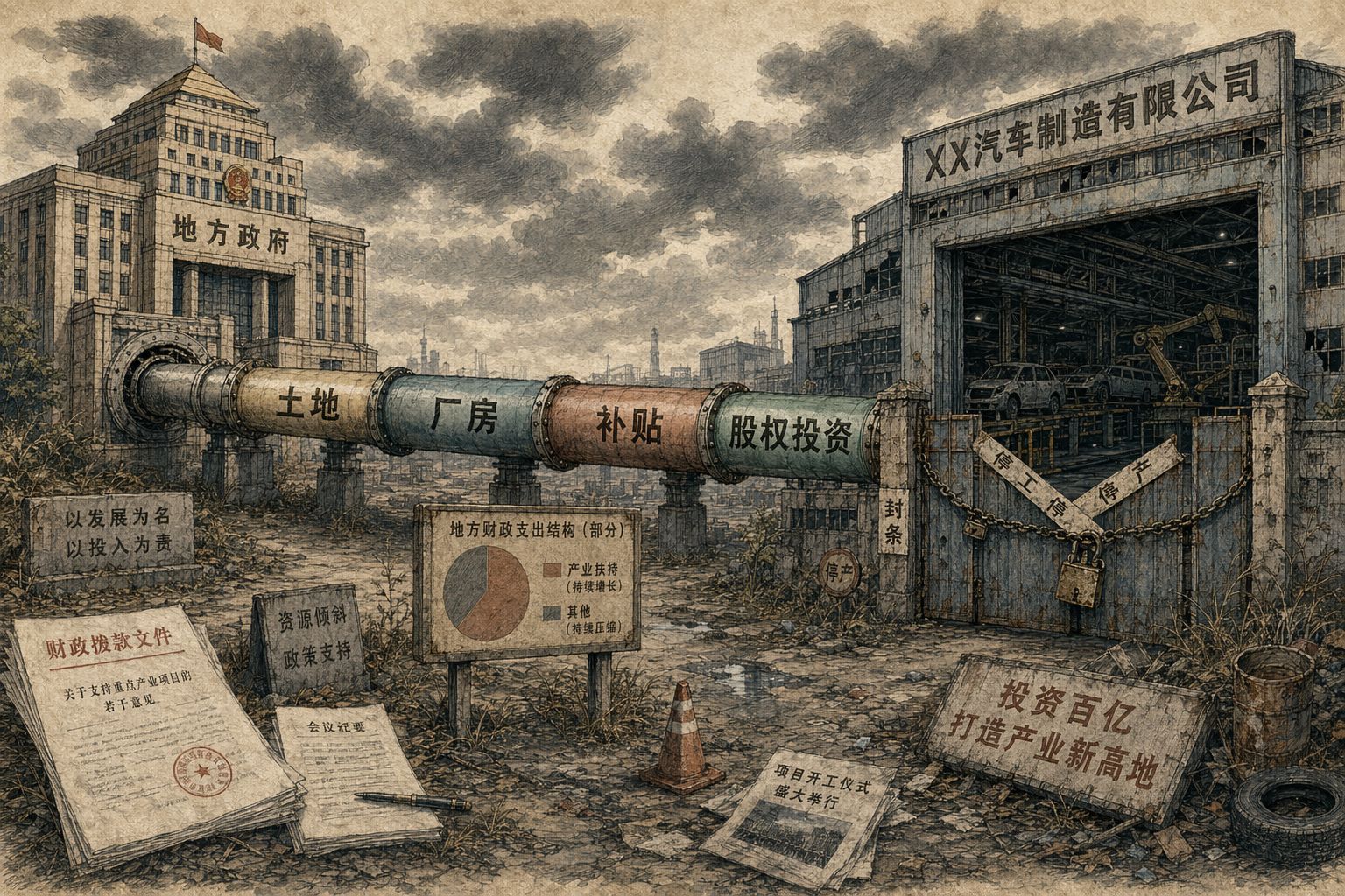 地方政府办公楼与汽车工厂通过一条长长的资金管道相连，管道上标着土地、厂房、补贴、股权投资，尽头却是停摆的生产线和锁住的大门，羊皮纸，钢笔彩色手绘的统一风格。
