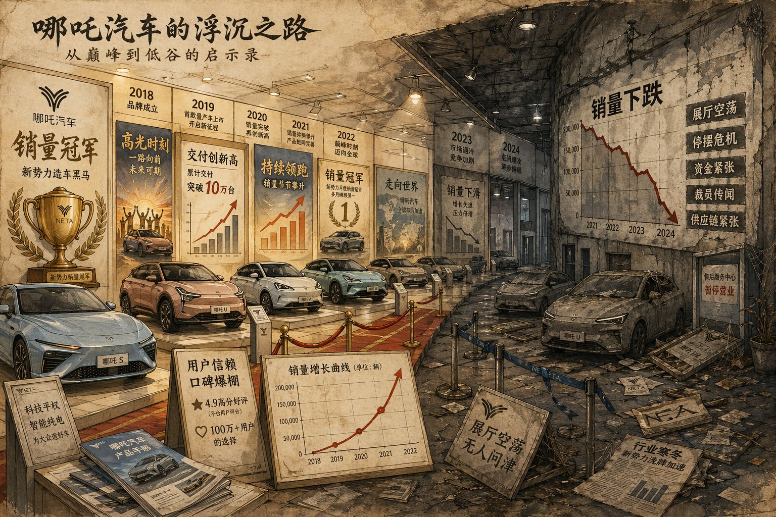 一条时间长廊里陈列着哪吒汽车不同阶段的海报与车型，从销量冠军的明亮展台一路过渡到空荡展厅和销量断崖式下跌的曲线墙，形成由盛转衰的叙事，羊皮纸，钢笔彩色手绘的统一风格。