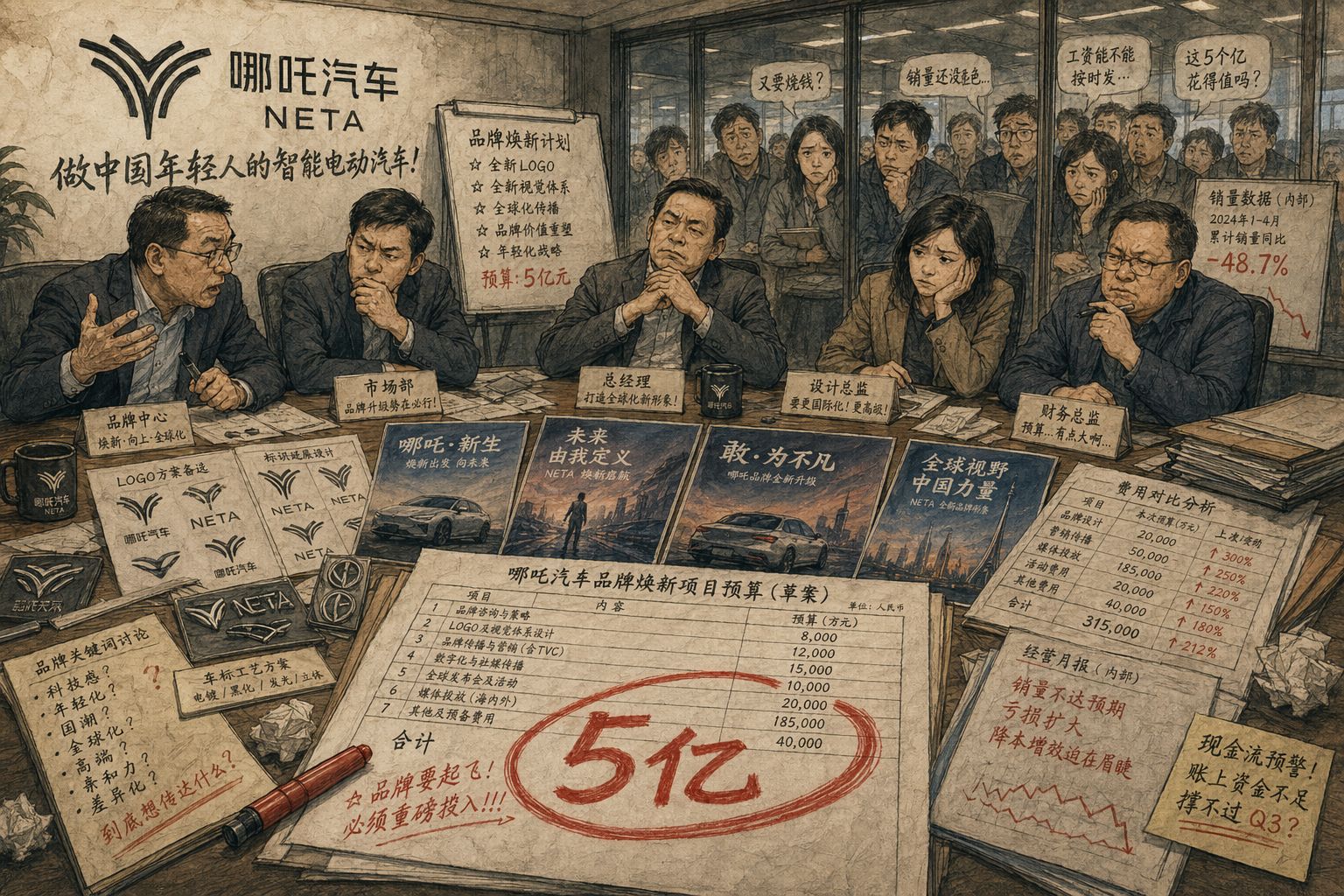 一间品牌会议室里，桌上摆着多版车标方案、宣传海报、预算表和被夸张圈出的“5亿”字样，墙上的员工神情复杂，映出营销与现实脱节的荒诞感，羊皮纸，钢笔彩色手绘的统一风格。