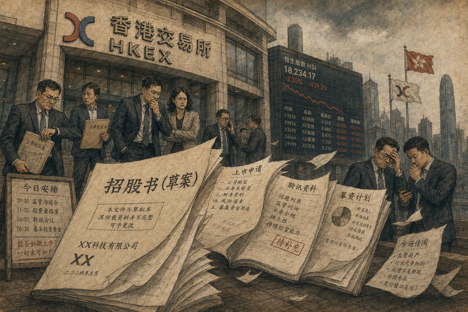 港交所风格的大楼前，一份招股书草案在风中翻页，台阶上站着西装投资人与企业高管，远处股价屏幕黯淡，象征IPO冲线失败前的紧张瞬间，羊皮纸，钢笔彩色手绘的统一风格。