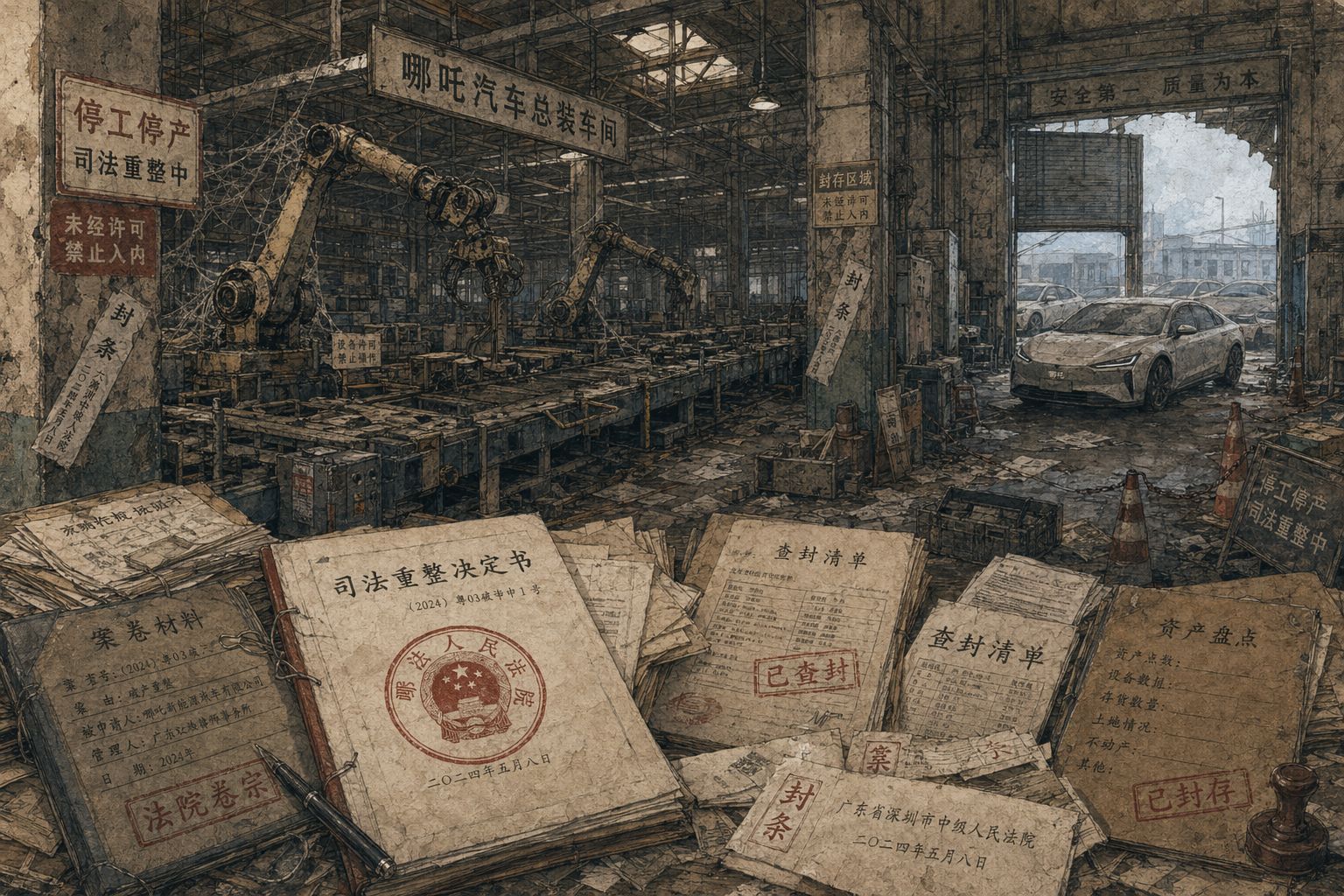 法院卷宗、封条、停产的总装线和落满灰尘的机械臂同处一室，厂区门口停着无人提走的新能源车，呈现司法重整下的工业废墟感，羊皮纸，钢笔彩色手绘的统一风格。