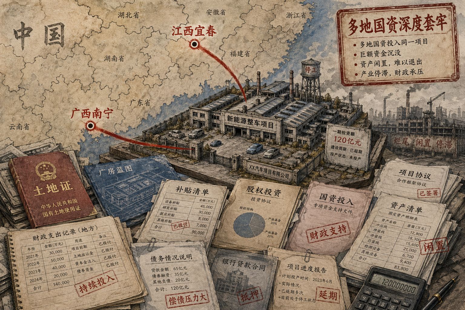 中国地图局部上标出江西宜春与广西南宁，两地用红线连到同一座汽车工厂模型，旁边堆着土地证、厂房蓝图和补贴清单，显示多地国资被深度套牢，羊皮纸，钢笔彩色手绘的统一风格。