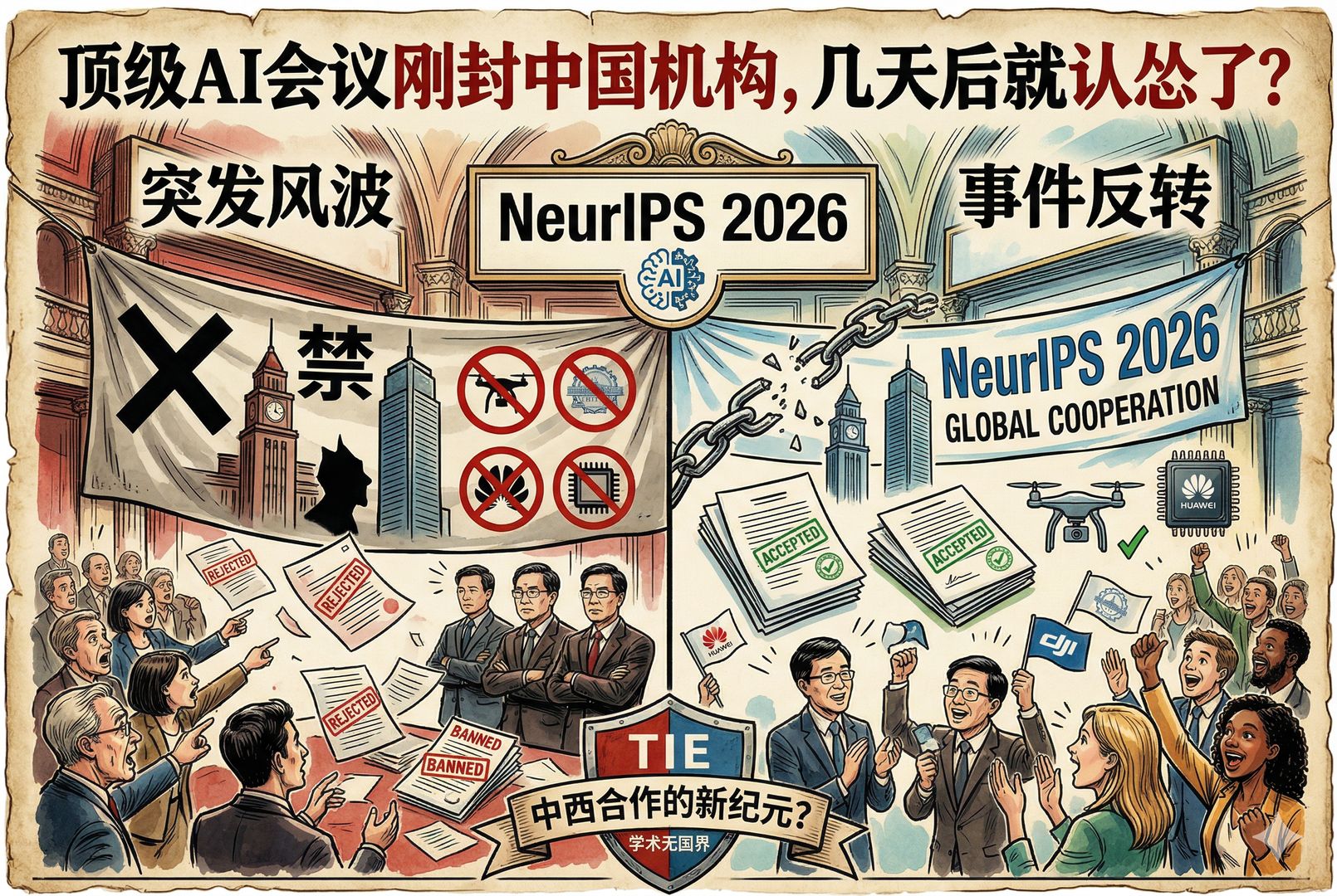 国际学术会议主视觉海报场景，一张写着“NeurIPS 2026”的会议牌前，左右并列出现论文、无人机、芯片、大学钟楼与企业大楼剪影，气氛紧张像突发风波新闻封面，羊皮纸，钢笔彩色手绘的统一风格。