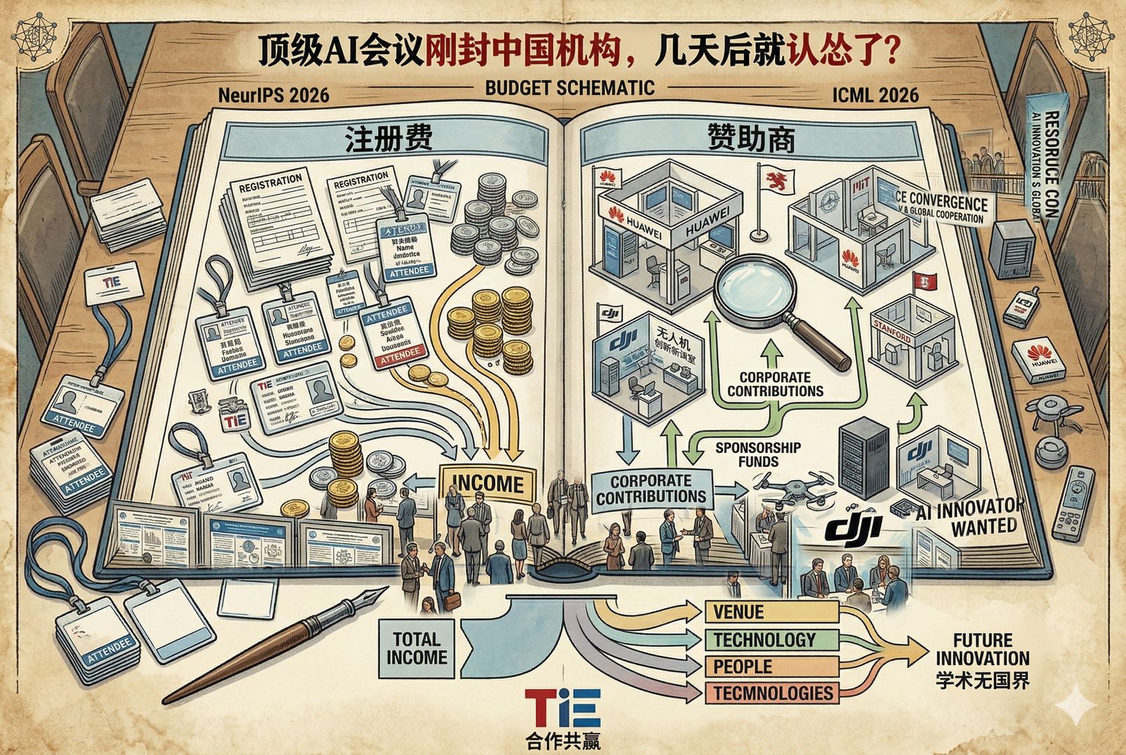 巨大会场内部全景，数千名研究者在主舞台和论文海报区之间穿梭，屏幕上滚动AI模型图示与招聘展位标识，呈现顶会人潮与资源汇聚感，羊皮纸，钢笔彩色手绘的统一风格。