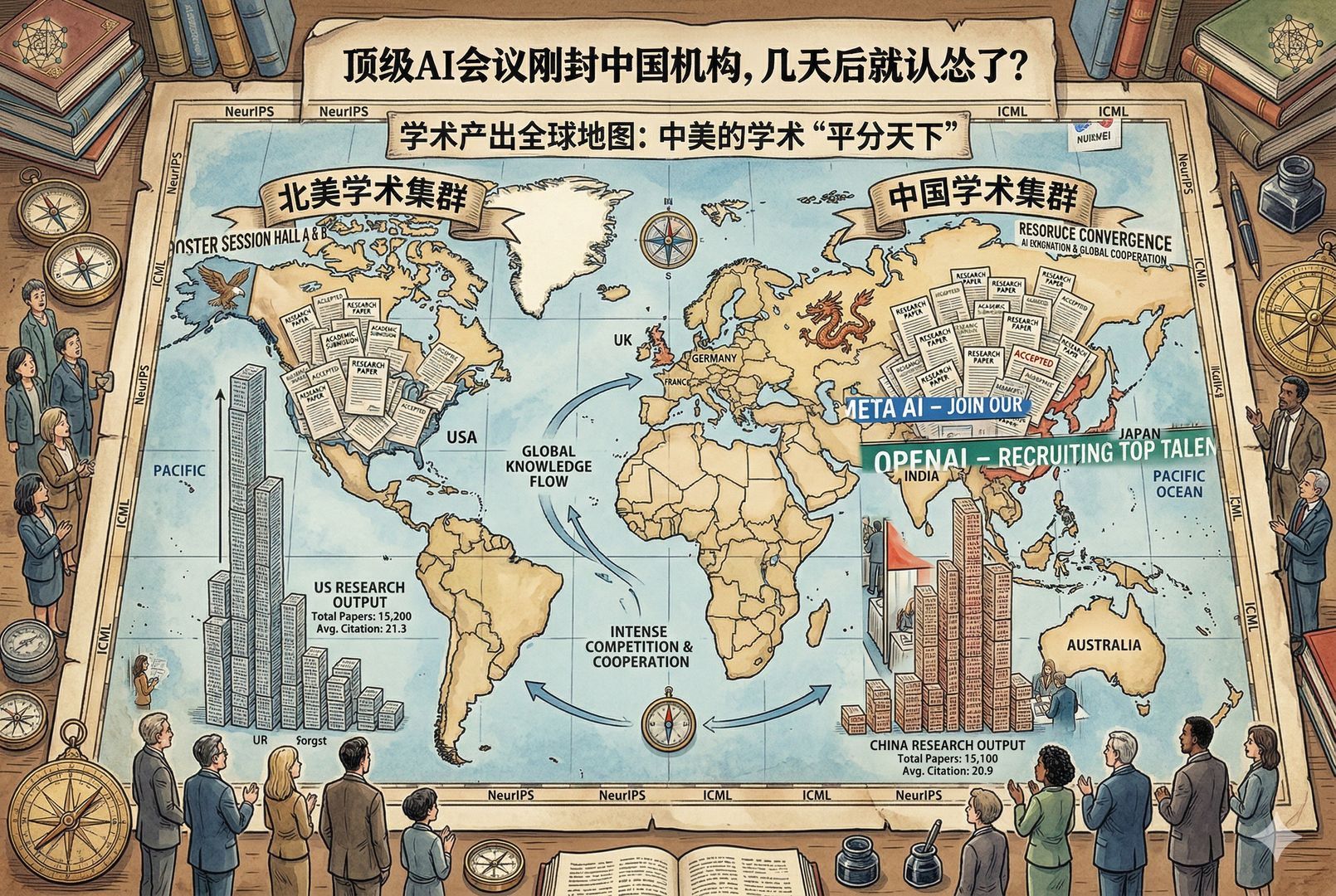 一幅学术版世界地图，北美与中国区域被密集论文纸张和数据柱状图覆盖，美国与中国两侧高度几乎相当，英国及其他国家较小，形成“平分天下”的直观对比，羊皮纸，钢笔彩色手绘的统一风格。
