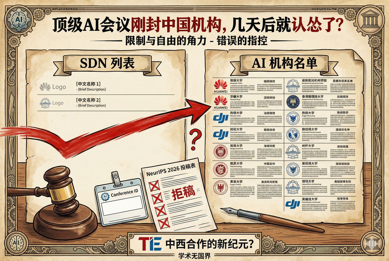 两份文件并排摊开在桌面，一份标题为“SDN”且条目稀疏，另一份机构名单更宽更密，红色箭头误指向后者，旁边放着法槌、会议胸牌和被划线的投稿表单，羊皮纸，钢笔彩色手绘的统一风格。