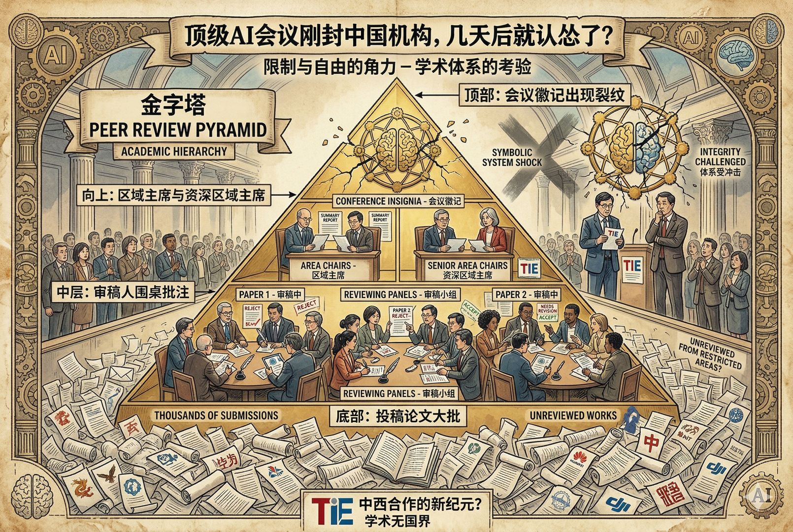 学术评审金字塔结构图景，底部大批投稿论文，中层审稿人围桌批注，向上是区域主席与资深区域主席，顶部会议徽记出现裂纹，象征体系受冲击，羊皮纸，钢笔彩色手绘的统一风格。