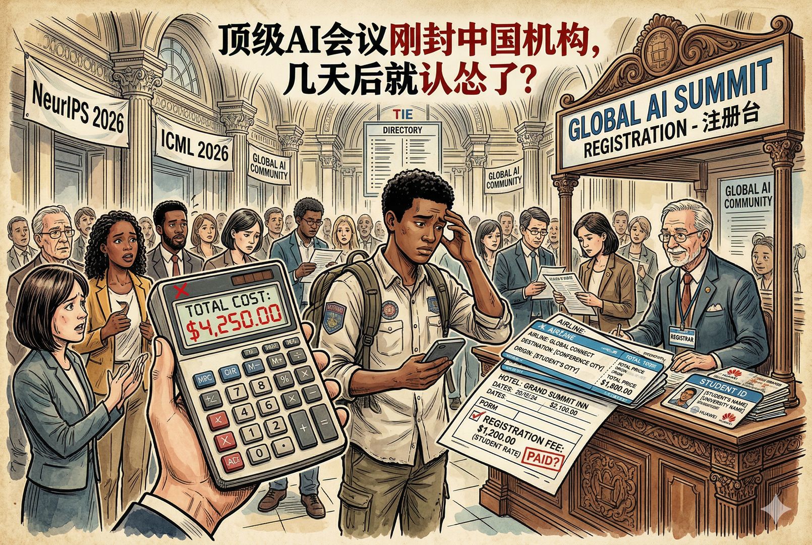 一位年轻研究者站在会议注册台前，手中计算器显示高额美元金额，旁边叠放机票、酒店账单和学生证，神情犹豫，突出参会成本压力，羊皮纸，钢笔彩色手绘的统一风格。