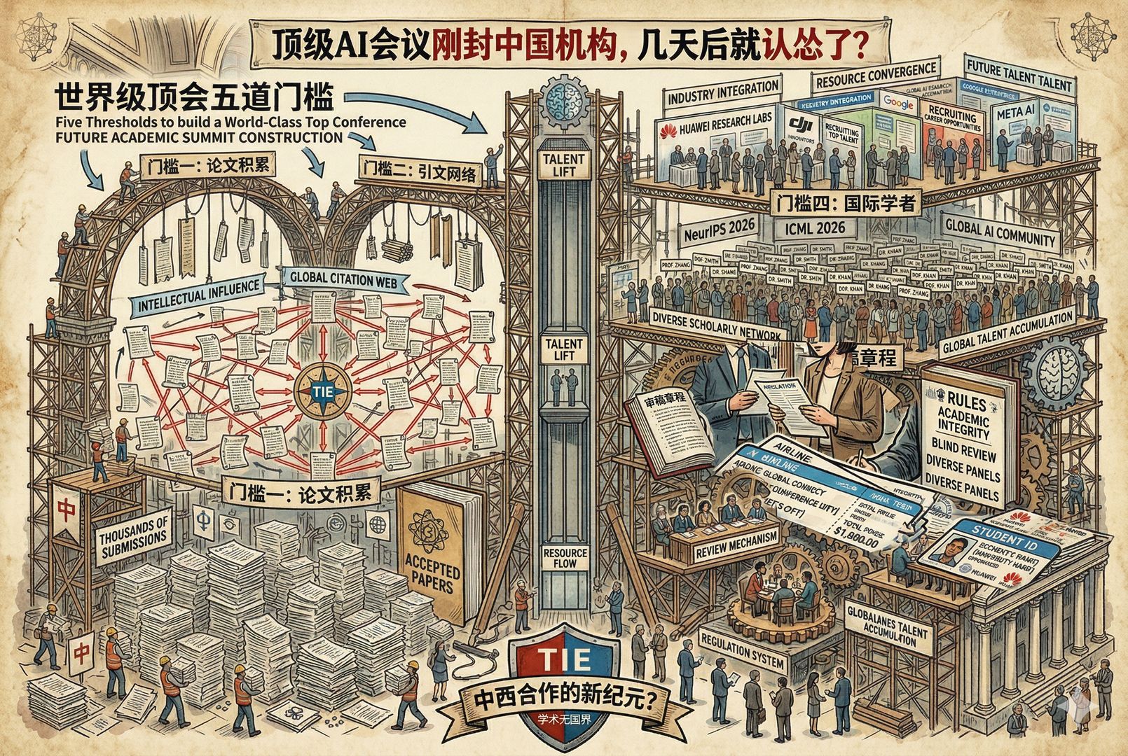 一座正在搭建中的未来学术会议中心，脚手架上挂着论文、引文网络、审稿章程、国际学者名牌与招聘展位五种元素，象征打造世界级顶会的五道门槛，羊皮纸，钢笔彩色手绘的统一风格。