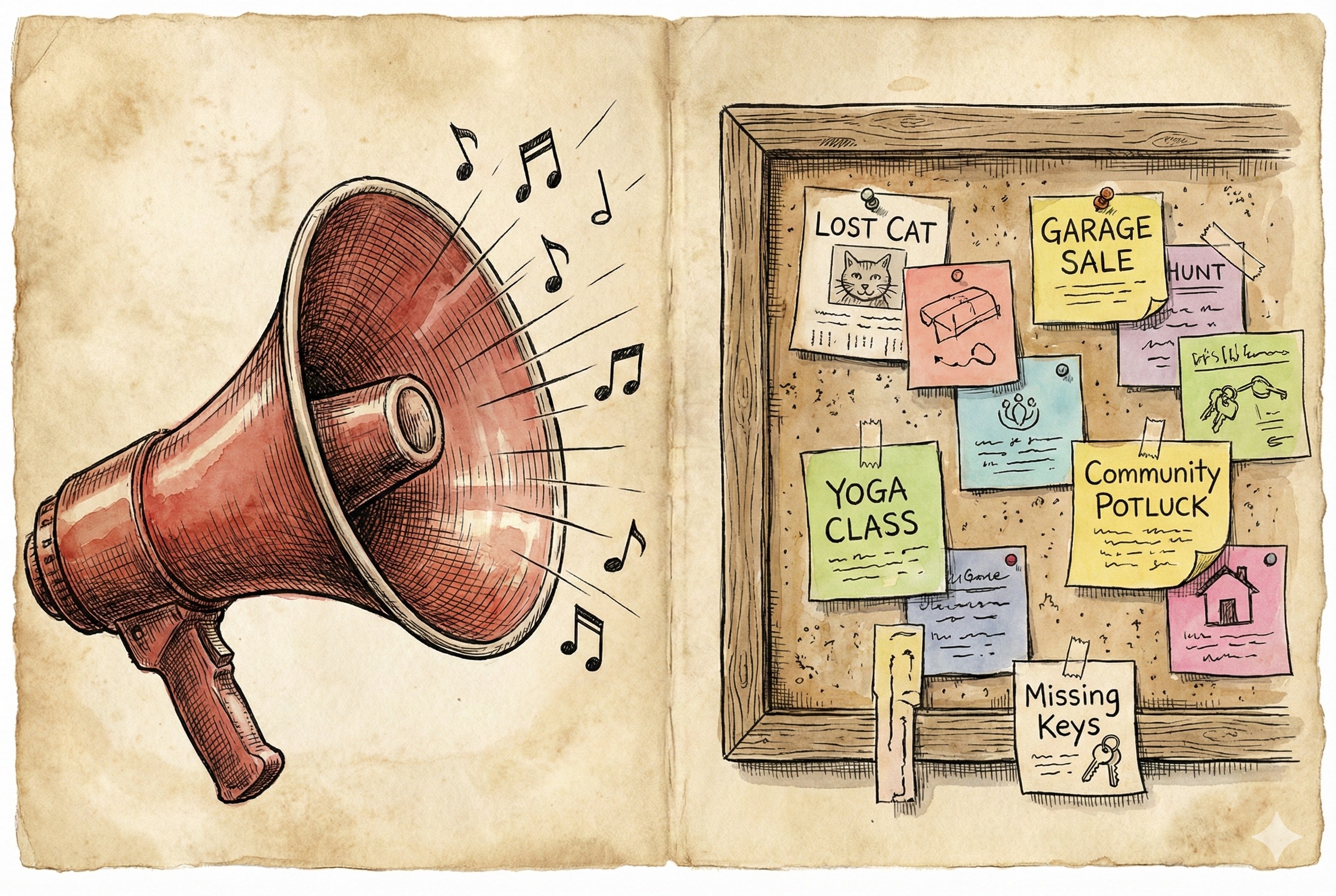 左侧是一个巨大的红色广播喇叭播放符号，右侧是一个贴满生活化便利贴的社区布告栏，羊皮纸，钢笔彩色手绘的统一风格。