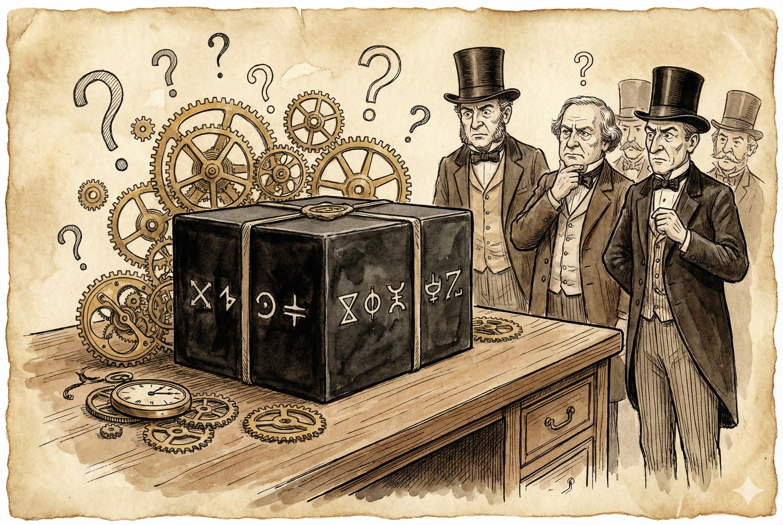 一个密封的黑色立方体盒子放置在桌面上，周围散落着复杂的齿轮和问号，几个政客在围观，羊皮纸，钢笔彩色手绘的统一风格。