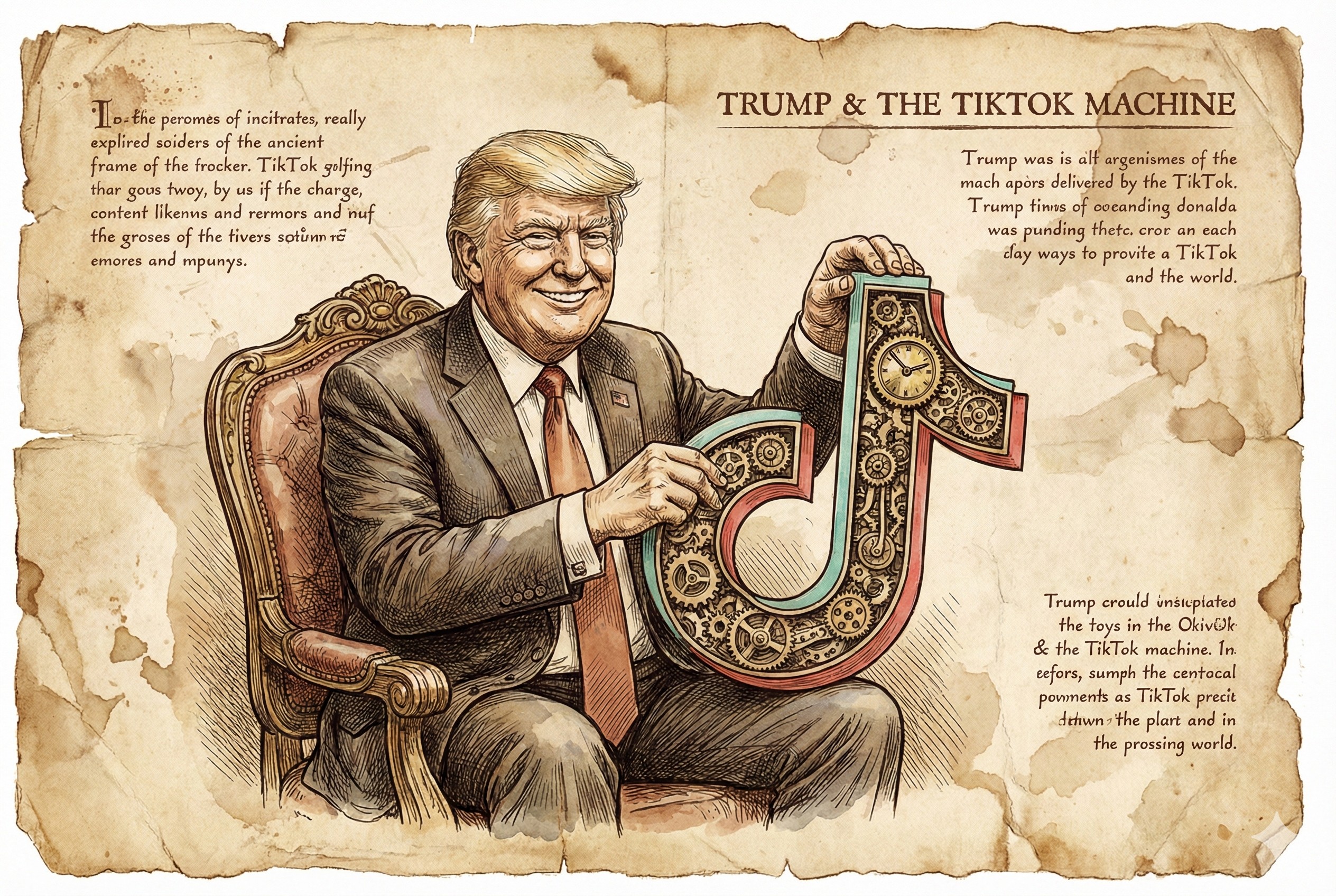 特朗普坐在椅子上，开心地摆弄一个TikTok标志形状的复杂机械玩具，表情得意，羊皮纸，钢笔彩色手绘的统一风格。