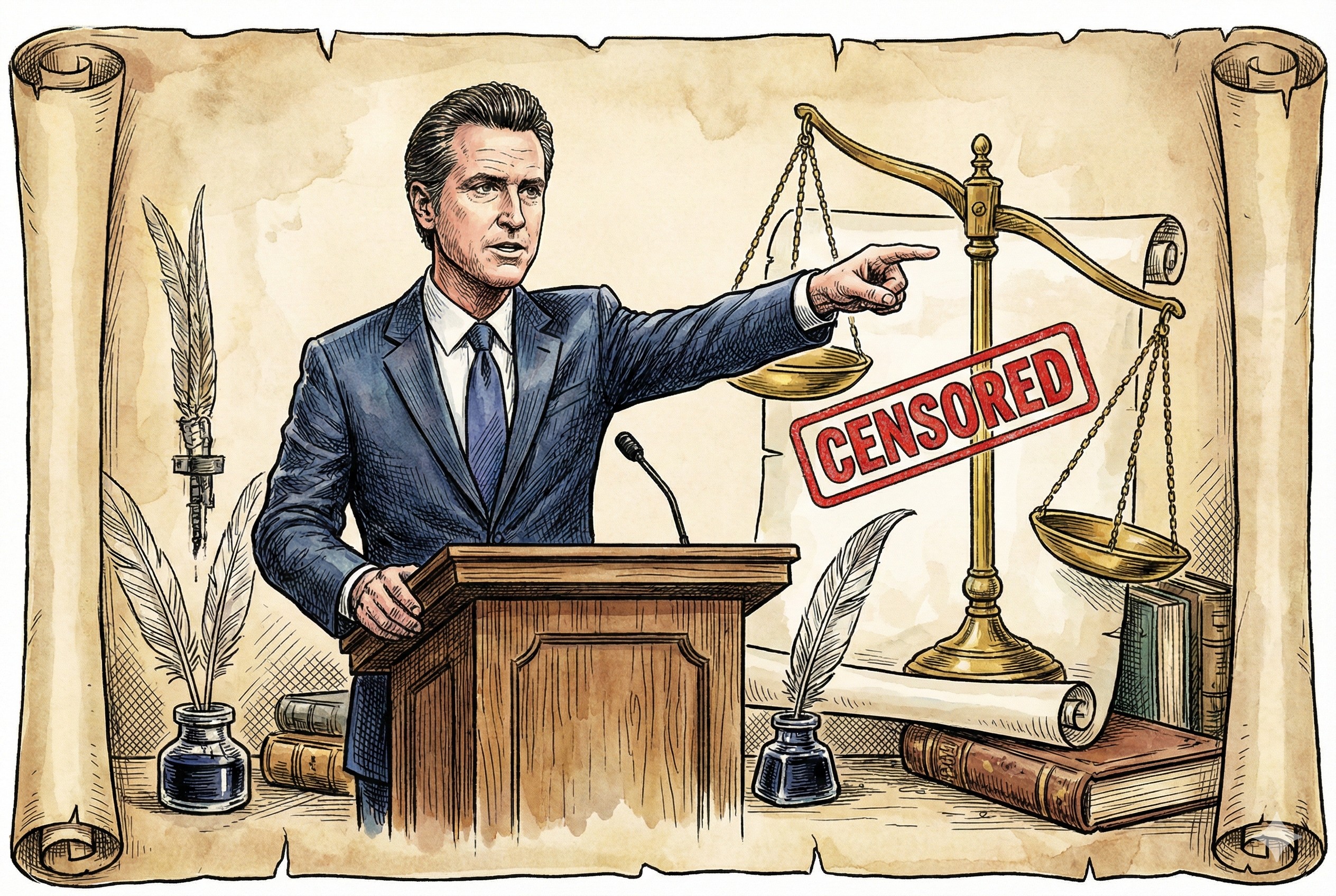 纽森站在讲台上严肃指控，旁边的一份文件上盖着“审查”印章，天平明显向一侧倾斜，羊皮纸，钢笔彩色手绘的统一风格。