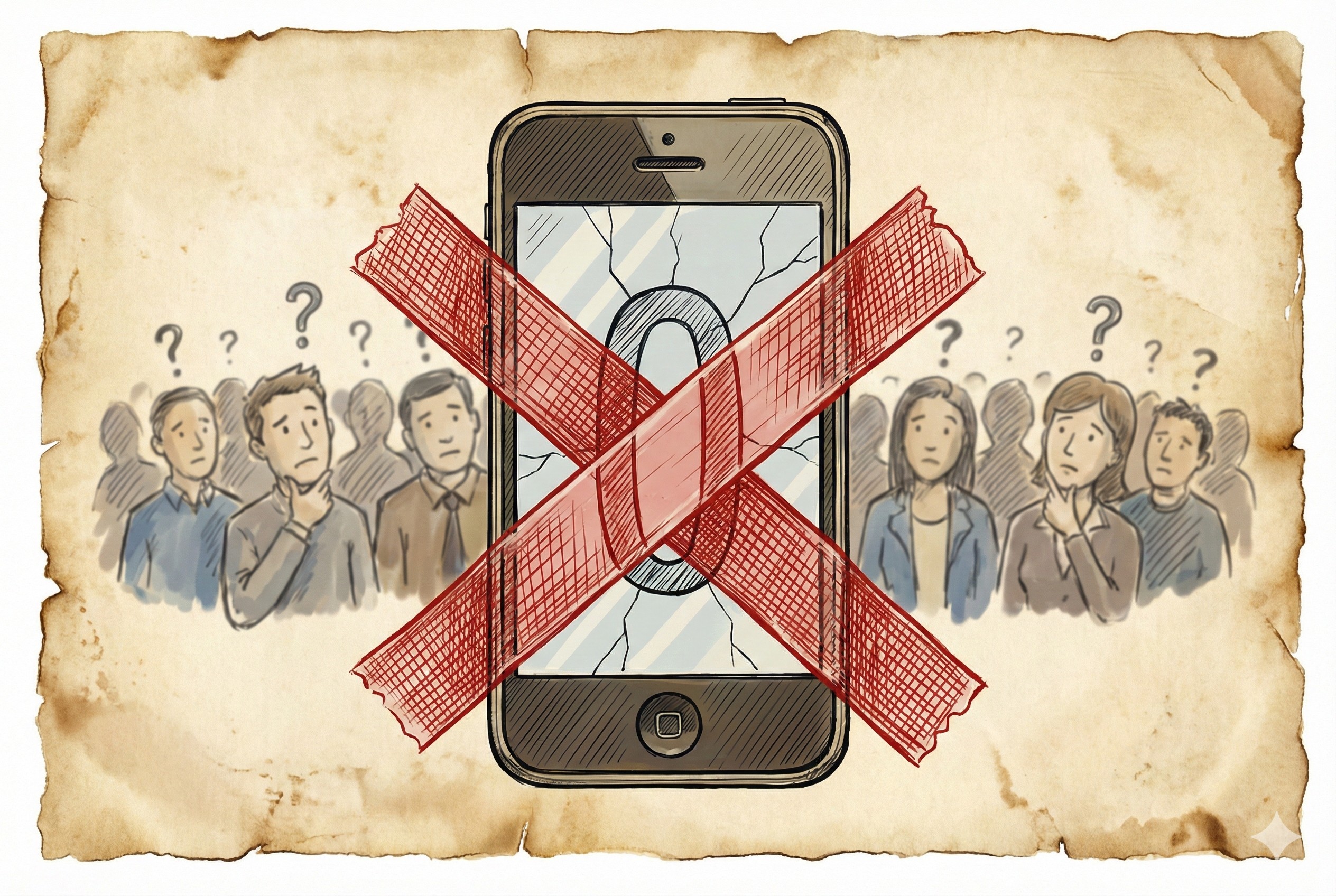 手机屏幕上显示巨大的数字“0”，屏幕被红色胶带交叉封死，背景是模糊的困惑人群，羊皮纸，钢笔彩色手绘的统一风格。