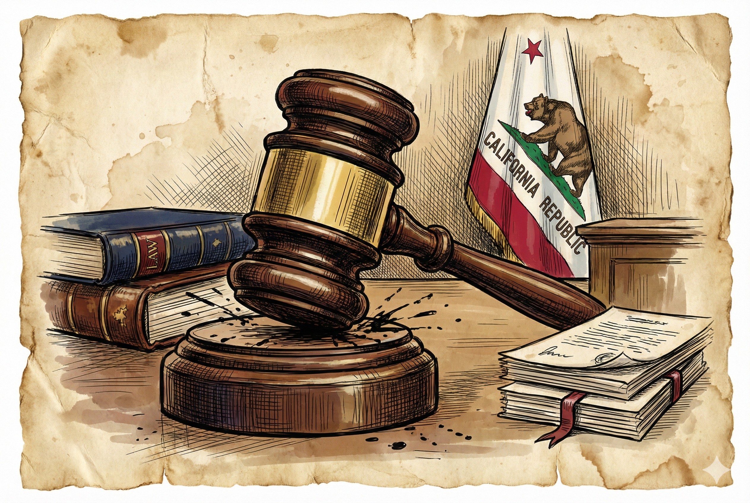 法庭上巨大的木质法槌敲击案台，旁边堆叠着厚厚的法律文书和账本，背景是加州州旗，羊皮纸，钢笔彩色手绘的统一风格。