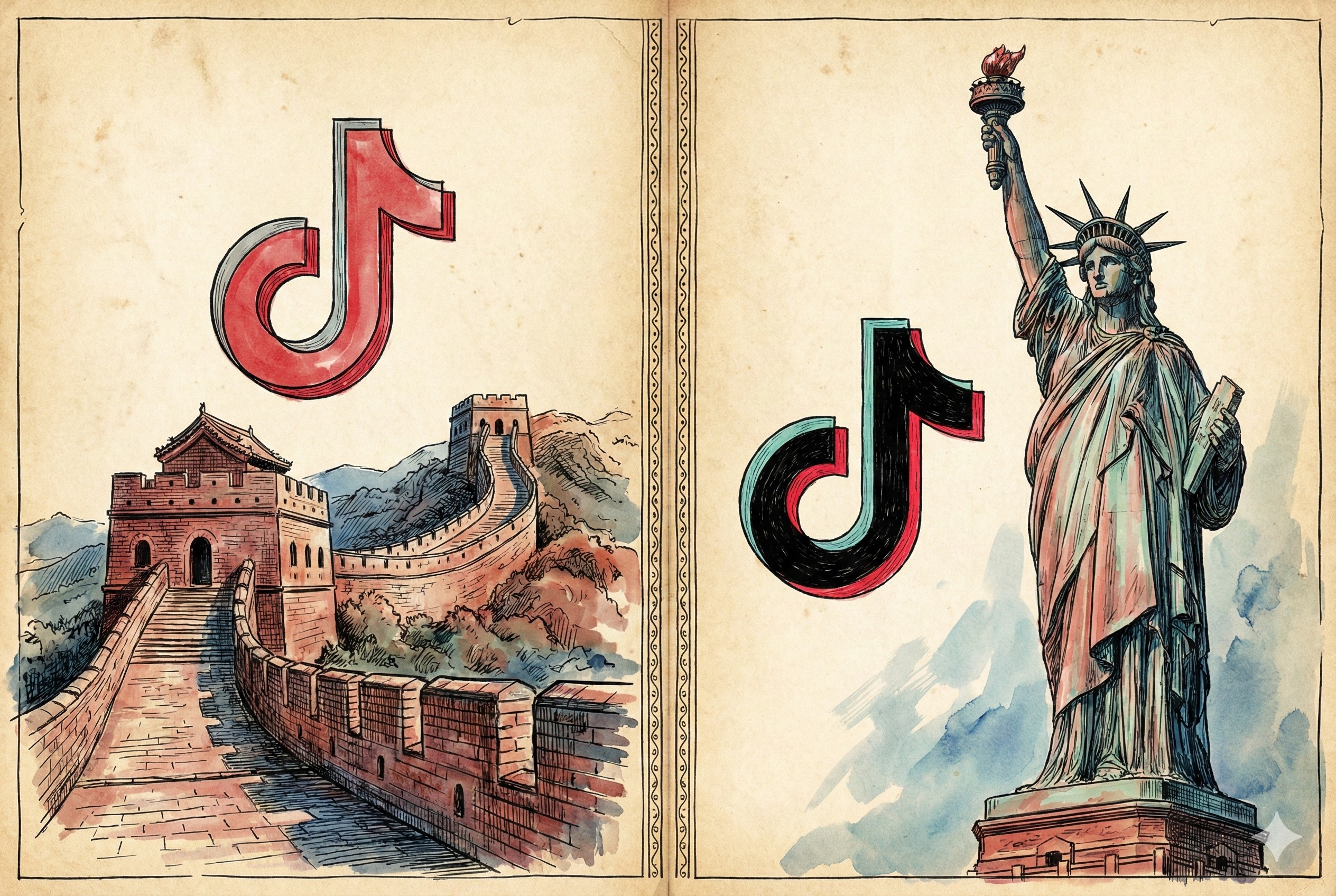 画面一分为二，左侧是红色的抖音标志悬浮在古老长城上，右侧是TikTok标志悬浮在自由女神像旁，羊皮纸，钢笔彩色手绘的统一风格。