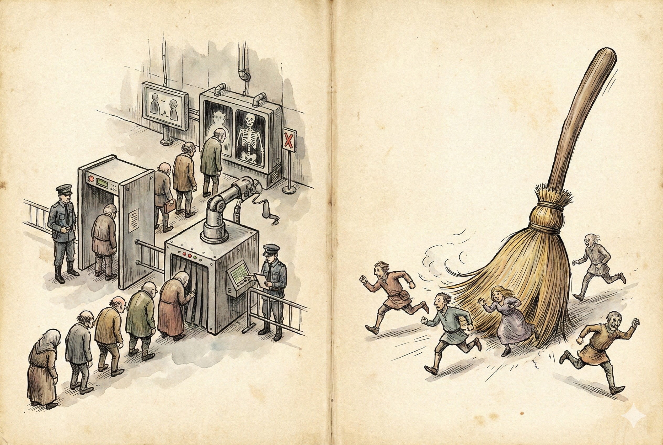 左边是一排小人排队通过严格的安检门，右边是小人自由奔跑但身后有巨大的扫帚在清扫，羊皮纸，钢笔彩色手绘的统一风格。