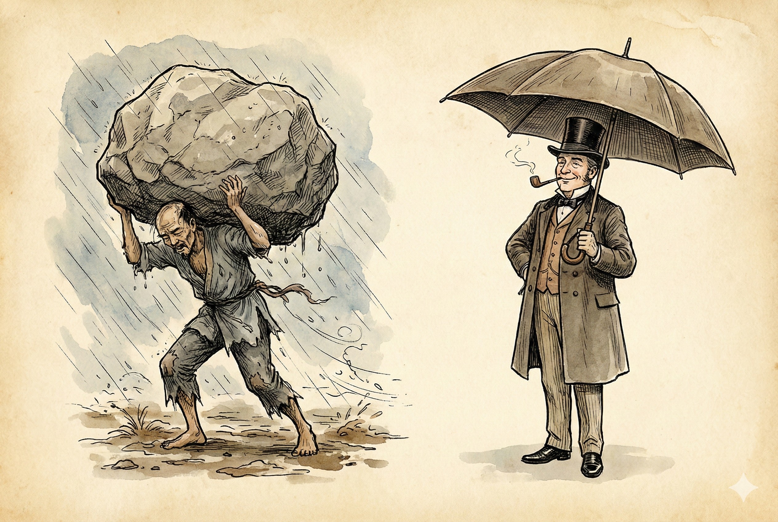 一个苦力背负着巨大的石头艰难行走，另一个绅士悠闲地站在坚固的雨伞下躲避风雨，羊皮纸，钢笔彩色手绘的统一风格。