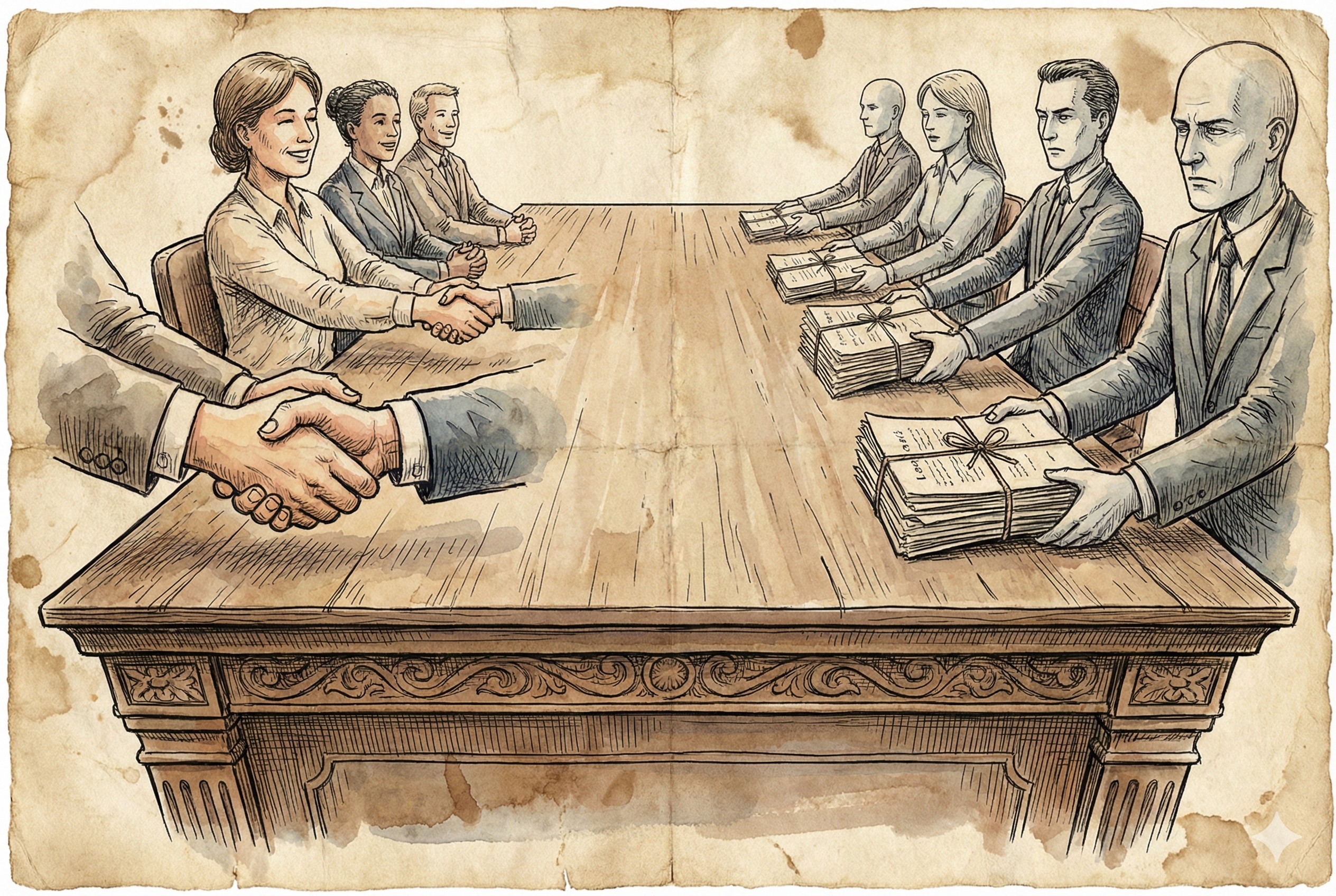 一张巨大的会议桌，左侧紧密握手合作，右侧通过传递正式的法律卷宗进行冷淡交流，羊皮纸，钢笔彩色手绘的统一风格。