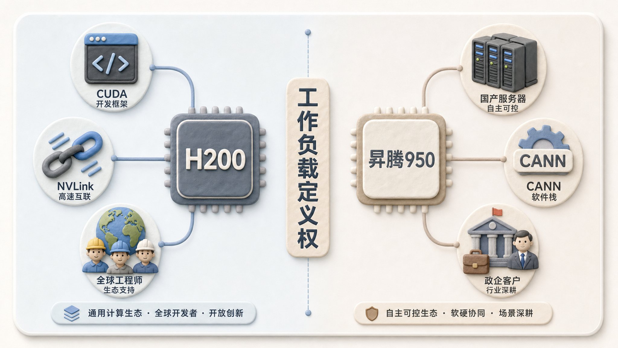 左侧H200芯片连接CUDA、NVLink和全球工程师图标,右侧昇腾950连接国产服务器、CANN和政企客户图标,中间是一条写着工作负载定义权的分界线,浅色背景的商业评论版橡皮泥平面信息图的统一风格。
