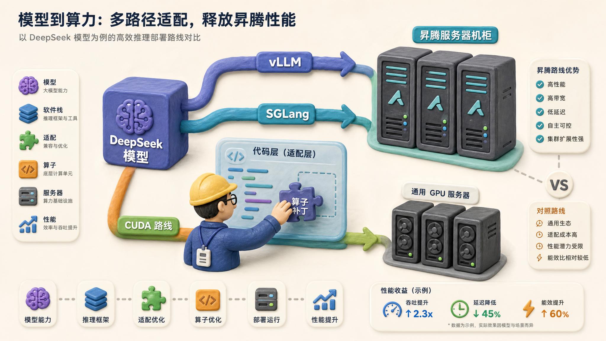 DeepSeek模型方块经过vLLM和SGLang两条软件管道流向昇腾服务器机柜,旁边工程师把算子补丁插入代码层,另一侧CUDA路线形成对照,浅色背景的商业评论版橡皮泥平面信息图的统一风格。
