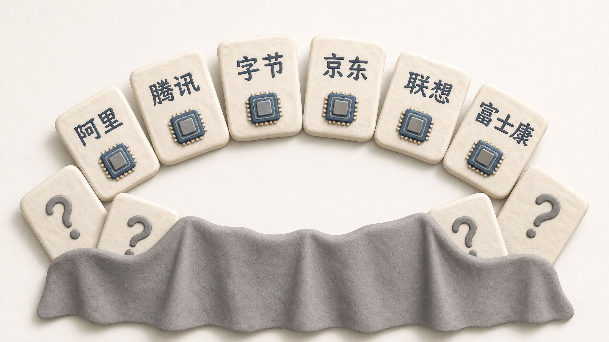 十张企业采购席位卡围成半圆,六张写着阿里、腾讯、字节、京东、联想、富士康并露出芯片图标,四张用问号和灰色幕布遮住,浅色背景的商业评论版橡皮泥平面信息图的统一风格。