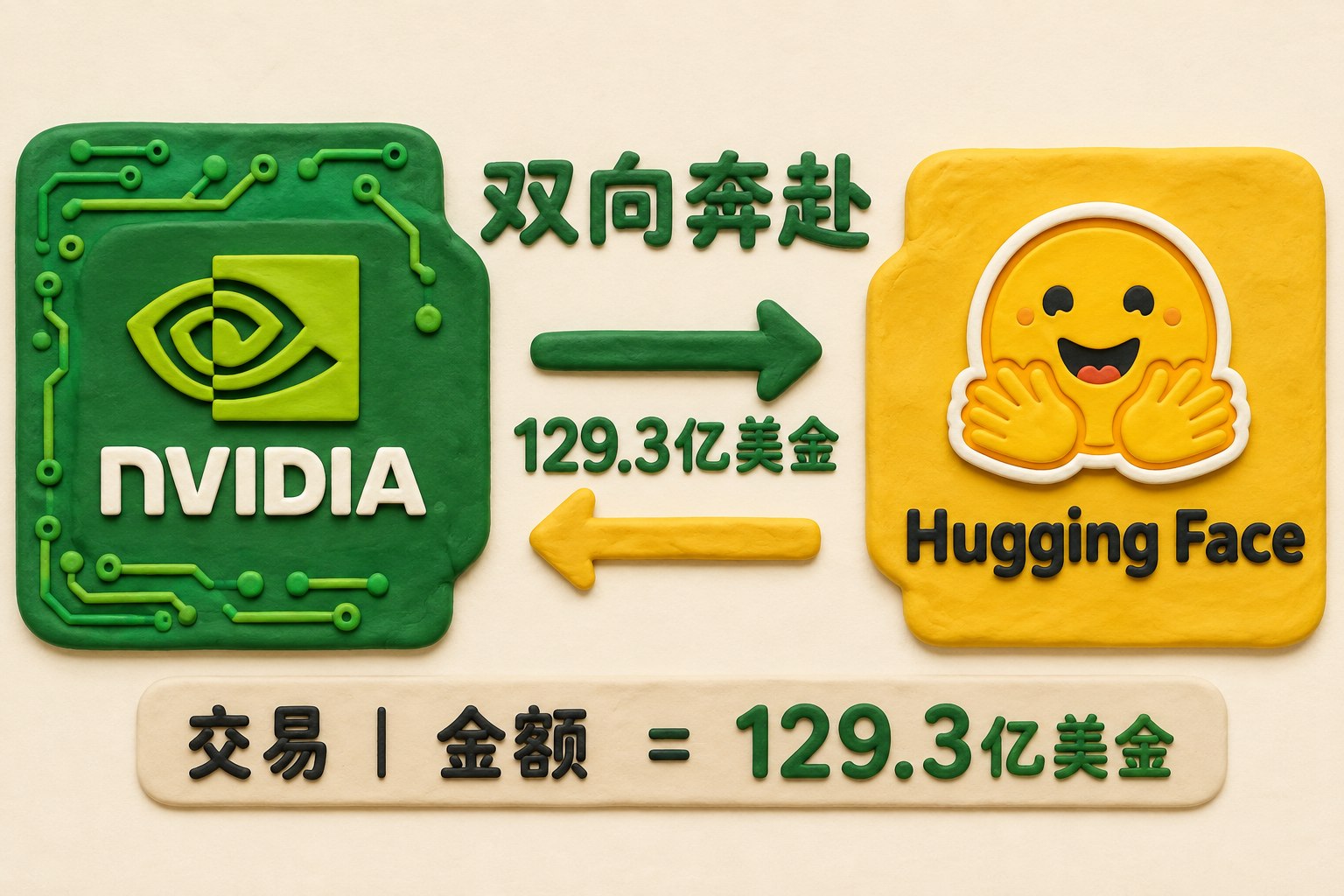 封面以英伟达绿色芯片板块与Hugging Face抱抱脸平台板块左右对合，中间用双向箭头和交易数字形成“双向奔赴”的核心视觉；可见事实元素：英伟达、Hugging Face、129.3亿美金、双向奔赴
