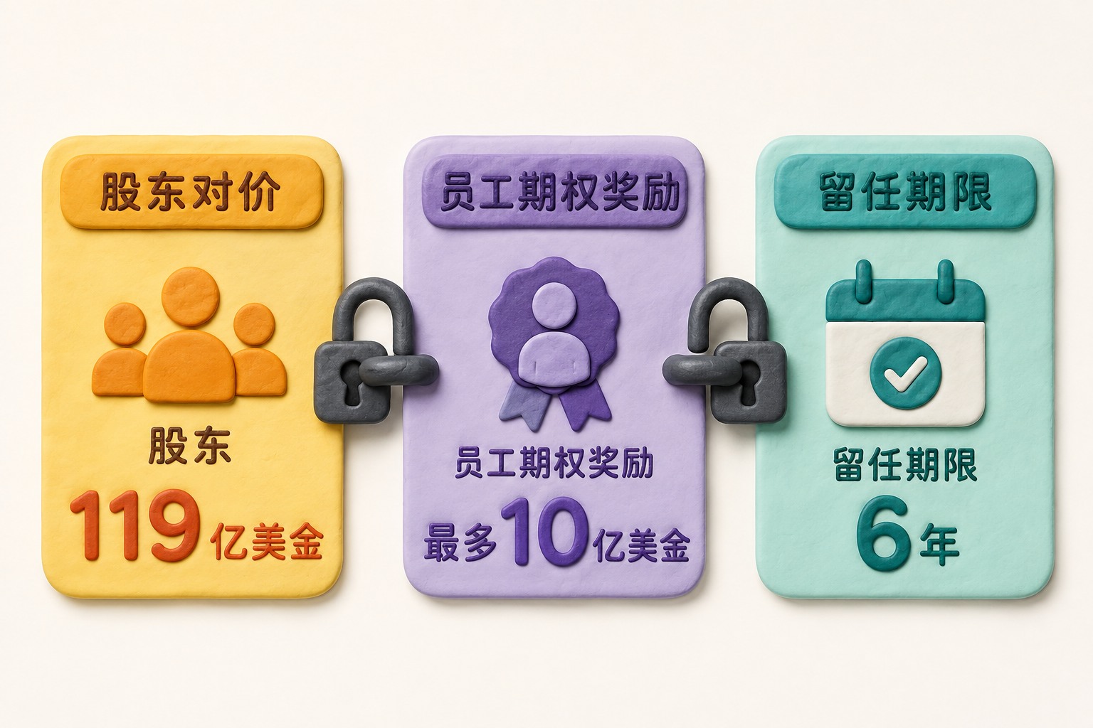 三栏资金安排图，左栏为股东对价，中栏为员工期权奖励，右栏为留任期限，以锁扣和逐年解锁的平面符号表现绑定关系；可见事实元素：119亿美金、最多10亿美金、6年、股东、员工期权奖励