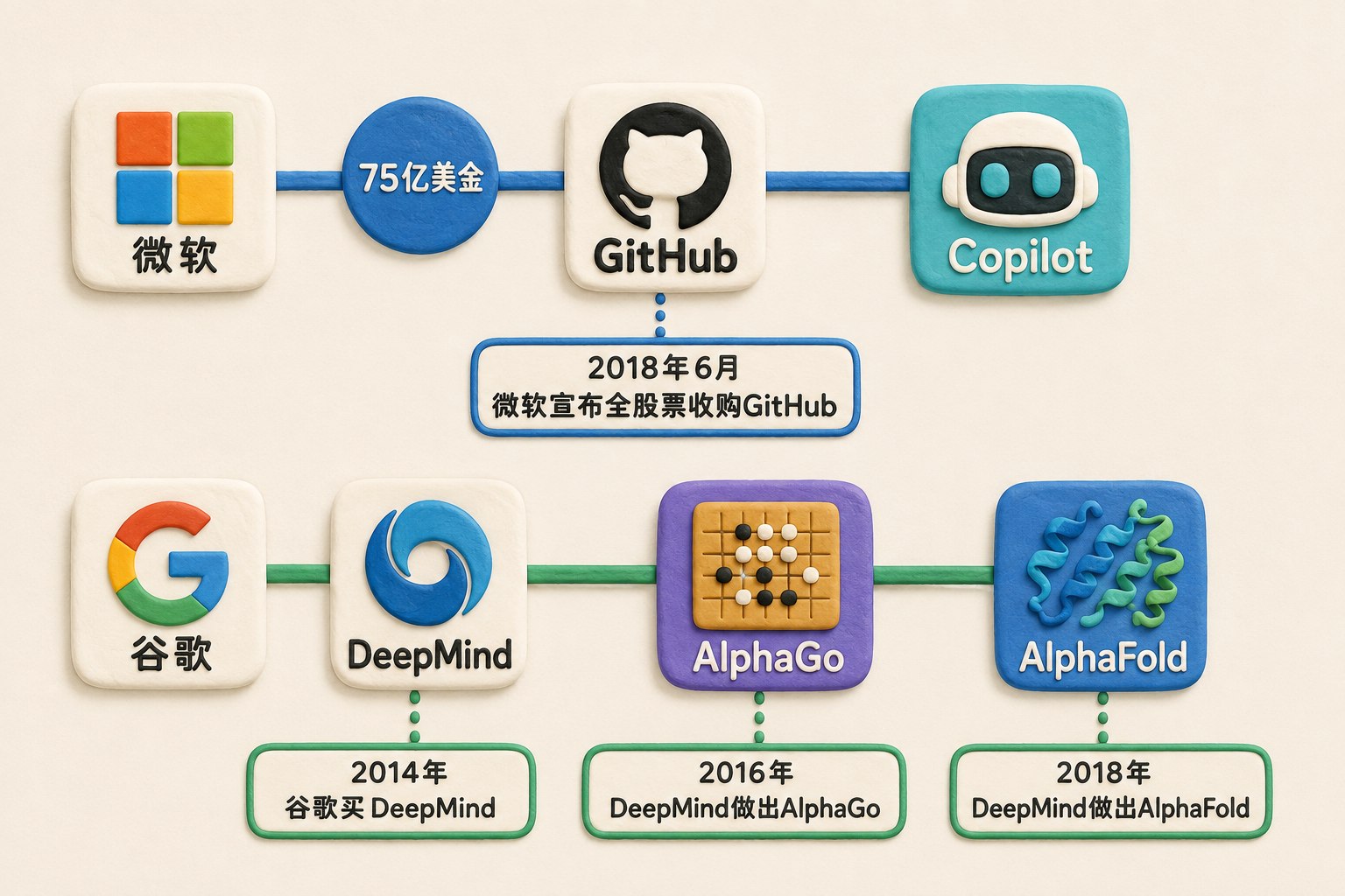 两条平行的平台收购结果线，上方为微软与GitHub并连接Copilot，下方为谷歌与DeepMind并连接AlphaGo、AlphaFold，突出平台位置而非短期利润；可见事实元素：微软、GitHub、75亿美金、2018年6月、Copilot、谷歌、DeepMind、2014年、2016年、AlphaGo、2018年