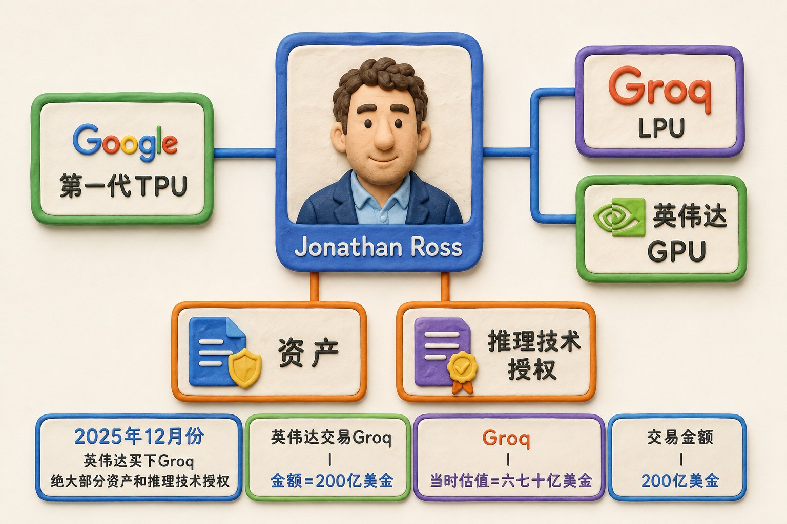 正面芯片关系图以Jonathan Ross人物卡为中心，左连谷歌第一代TPU，右连Groq的LPU与英伟达，底部用资产和推理技术授权两张卡表现交易内容；可见事实元素：Jonathan Ross、谷歌第一代TPU、Groq、LPU、GPU、英伟达、2025年12月份、200亿美金、六七十亿美金