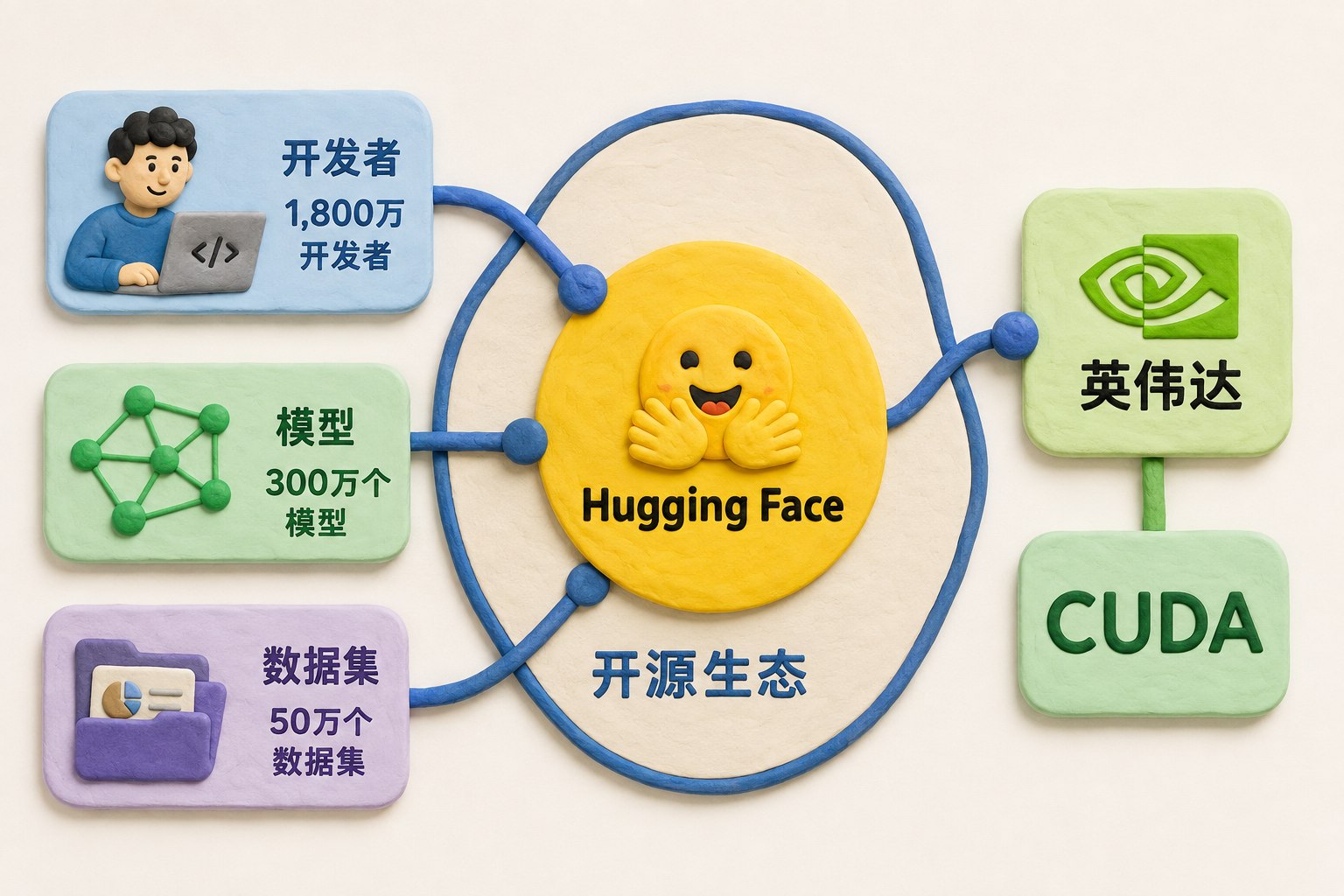 巨型平面生态网络以Hugging Face为中心，外围三组卡片分别代表开发者、模型和数据集，网络再连接到英伟达与CUDA，表现开源生态位置；可见事实元素：Hugging Face、英伟达、CUDA、1,800万开发者、300万个模型、50万个数据集、开源生态