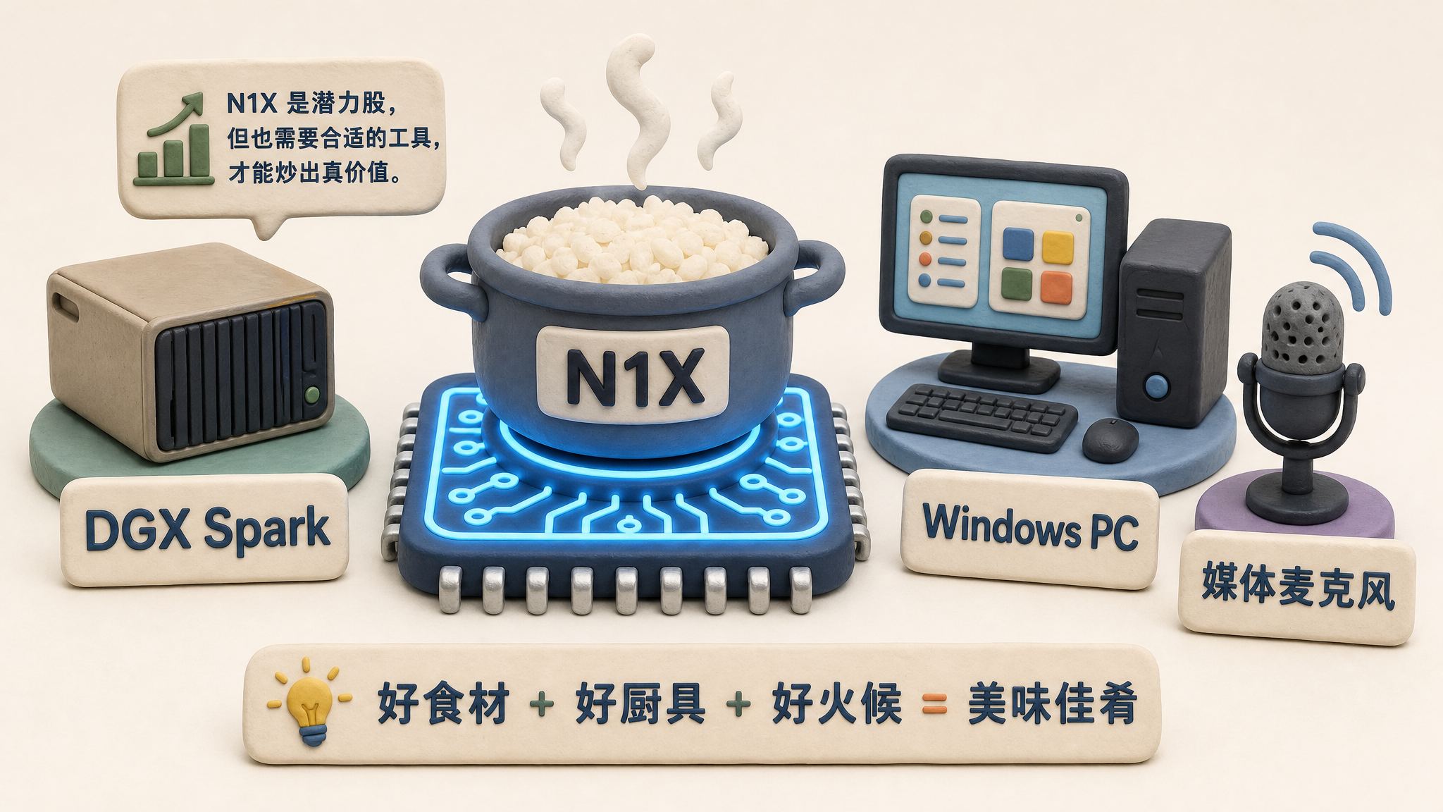 一锅标着 N1X 的冷饭被放在发光芯片炉灶上重新加热，旁边摆着 DGX Spark、Windows PC 和媒体麦克风三个标签，浅色背景的商业评论版橡皮泥平面信息图的统一风格。