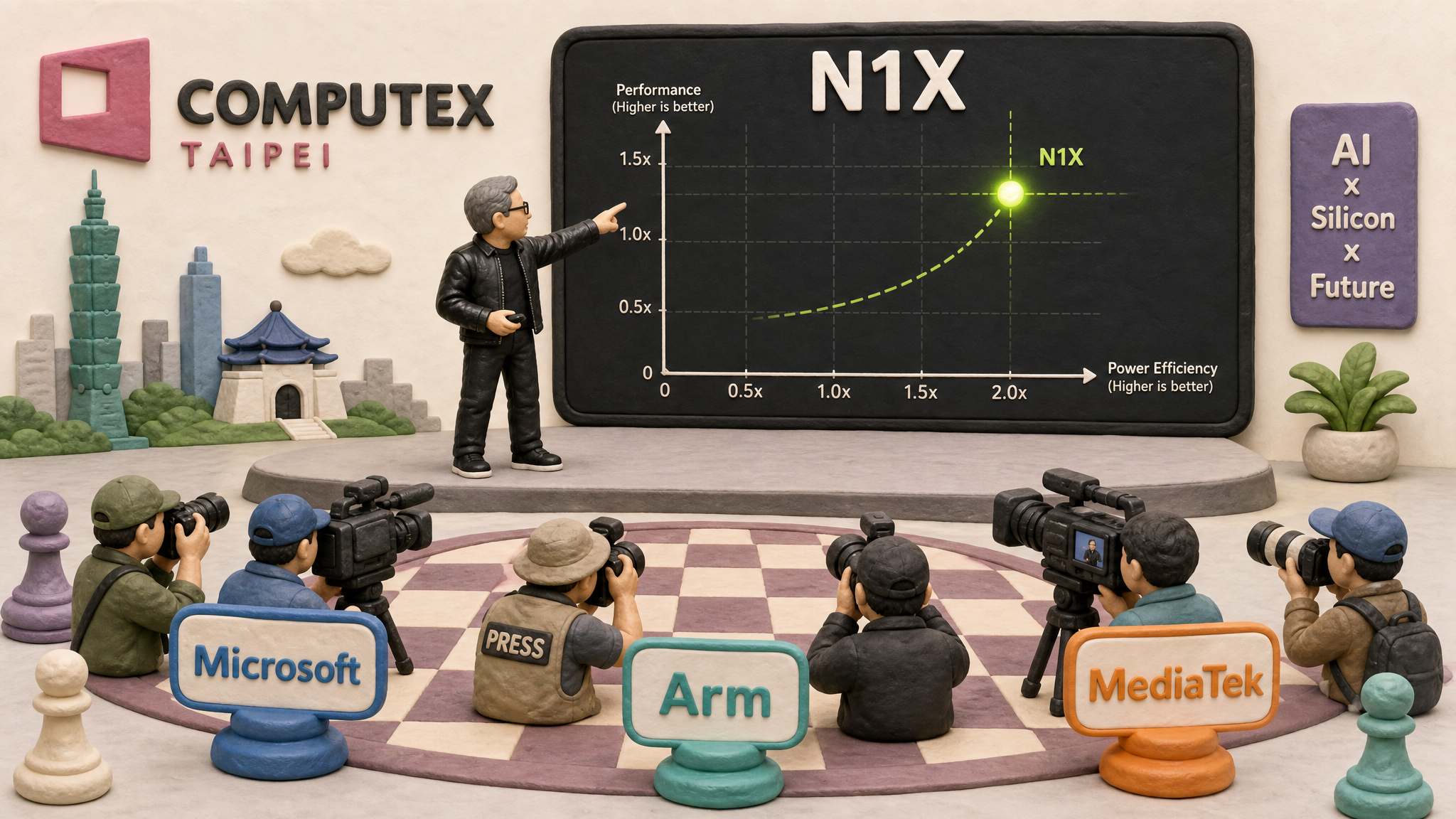 台北 COMPUTEX 舞台上黄仁勋剪影指向巨大的 N1X 坐标屏，台下媒体相机和微软、Arm、联发科标牌围成一圈棋盘，浅色背景的商业评论版橡皮泥平面信息图的统一风格。