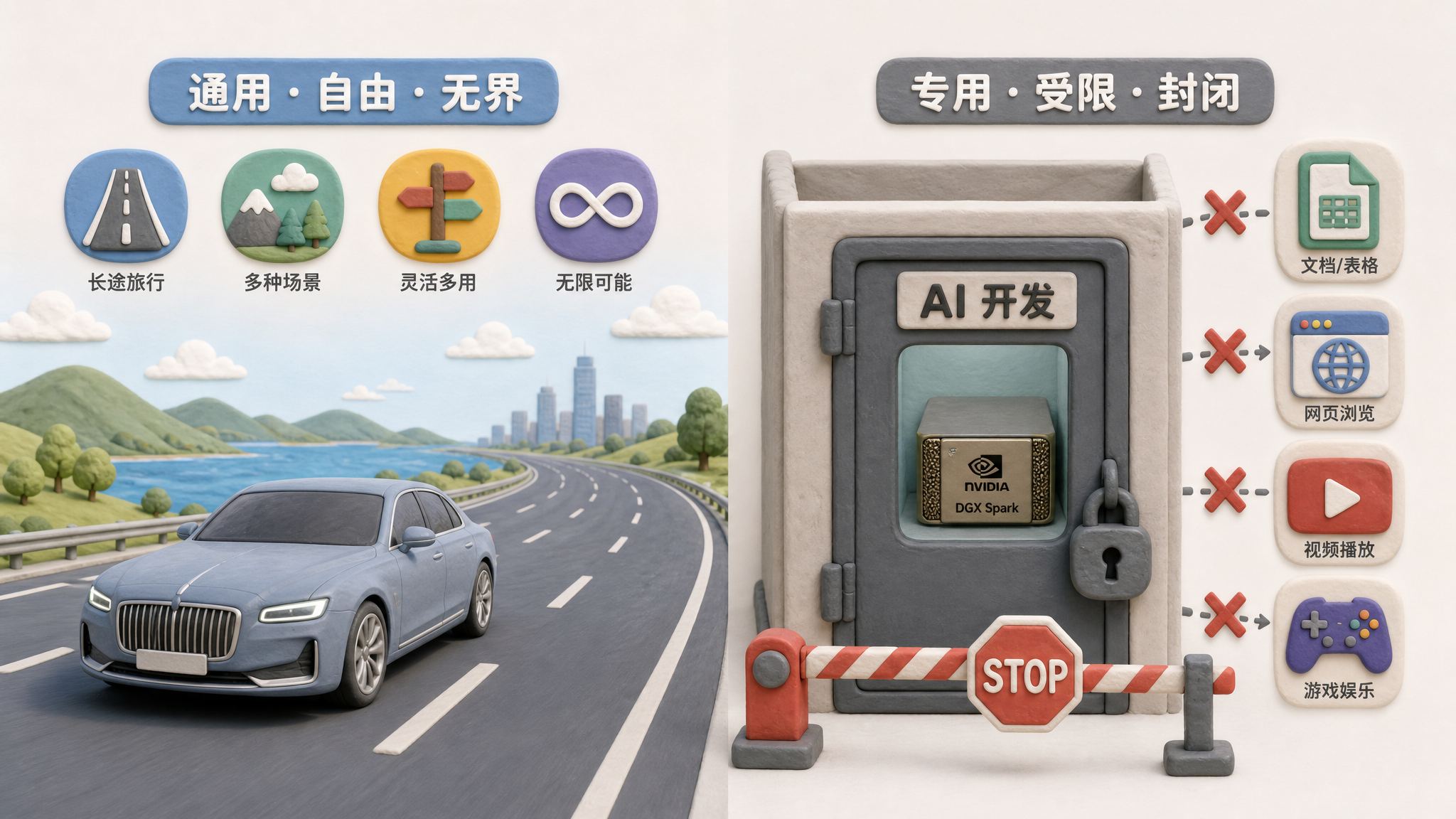 左边一辆好车在宽阔道路上行驶，右边一台 DGX Spark 被锁在写着 AI 开发的狭窄工位里，普通办公、网页、视频和游戏图标被挡在门外，浅色背景的商业评论版橡皮泥平面信息图的统一风格。