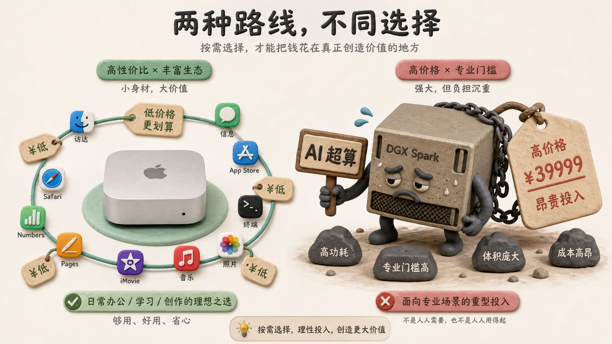 一台安静的 Mac mini 坐在低价标签和 macOS 应用生态圆环中，旁边 DGX Spark 背着高价标签和 AI 超算招牌显得笨重，浅色背景的商业评论版橡皮泥平面信息图的统一风格。