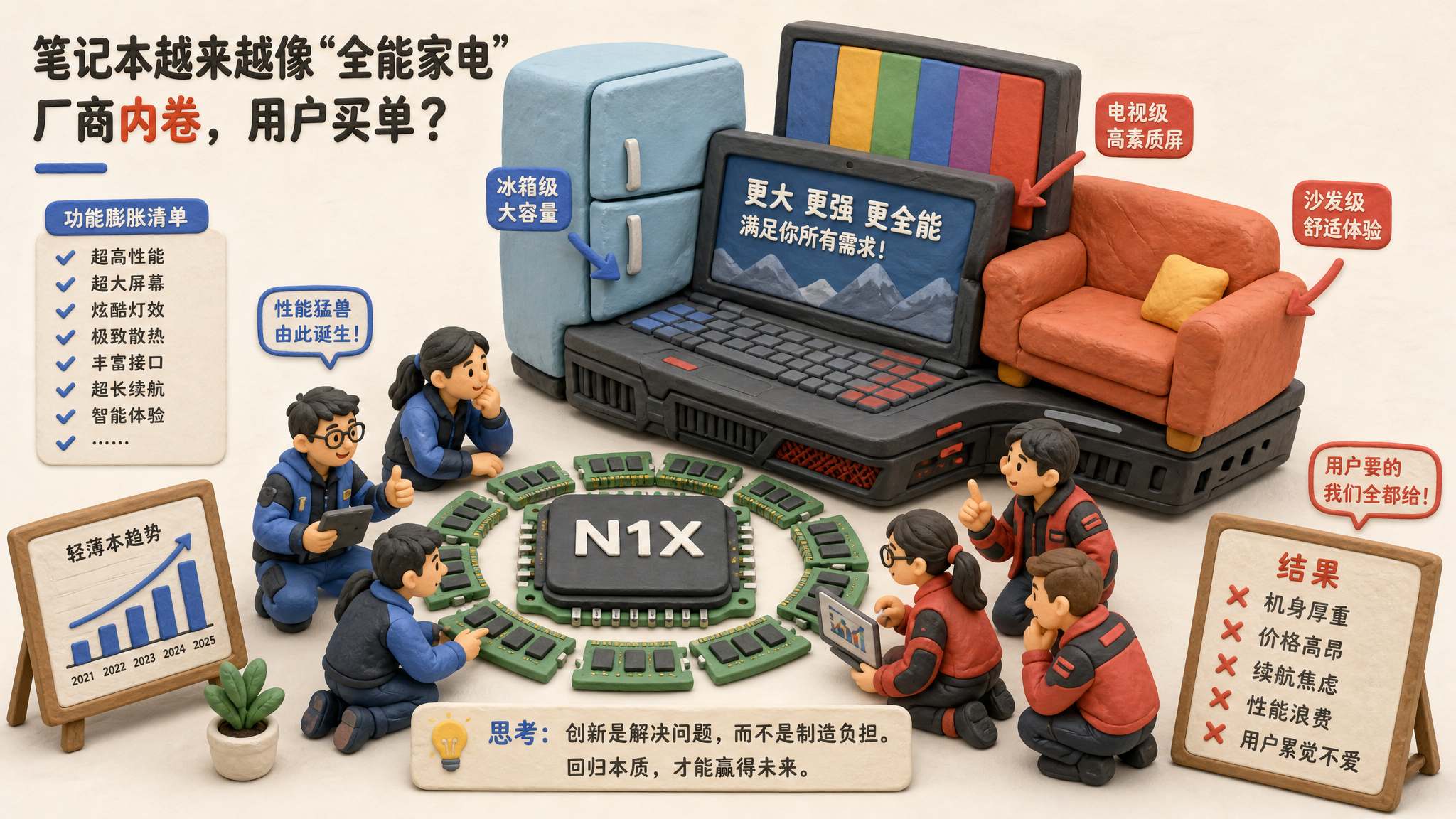 戴尔和联想工程师围着超大的 N1X 芯片和一圈内存条设计笔记本，机身被冰箱、彩电、大沙发图标挤成厚重游戏本，浅色背景的商业评论版橡皮泥平面信息图的统一风格。