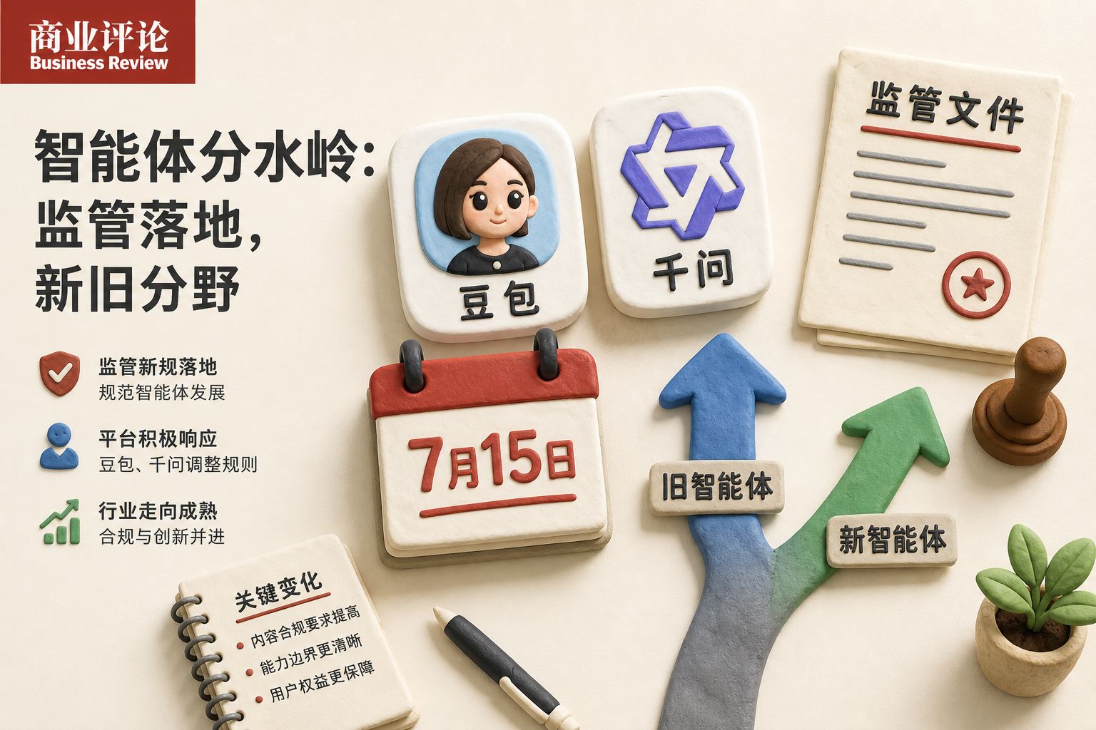 浅色桌面上摆着豆包和千问两个应用图标、7月15日红色日历牌、监管文件和新旧智能体分叉箭头,构图像商业评论封面,浅色背景的商业评论版橡皮泥平面信息图的统一风格。