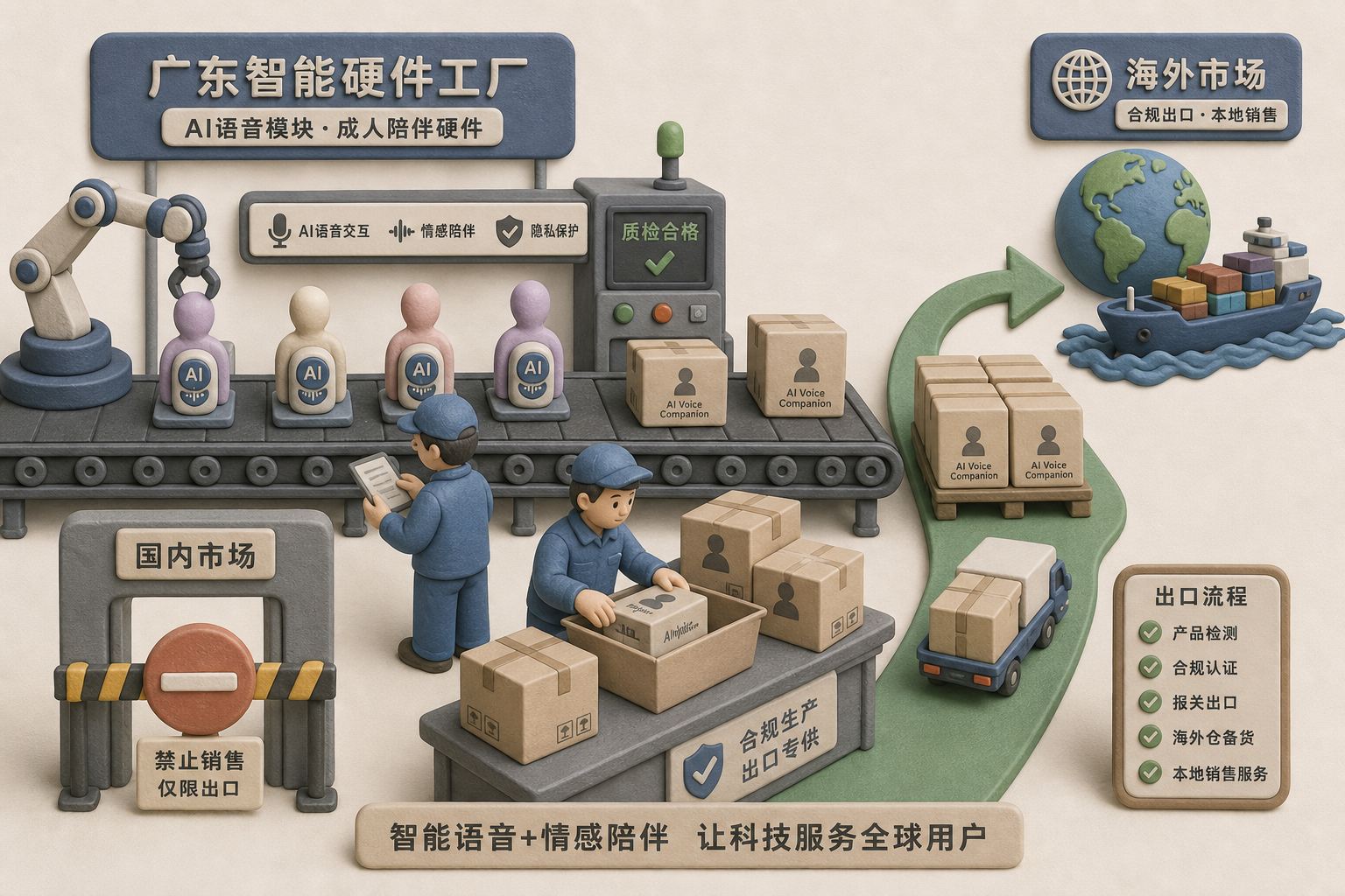 广东工厂流水线上生产带AI语音模块的海外成人陪伴硬件,货箱箭头指向海外市场,国内市场入口被关闭标识拦住,浅色背景的商业评论版橡皮泥平面信息图的统一风格。