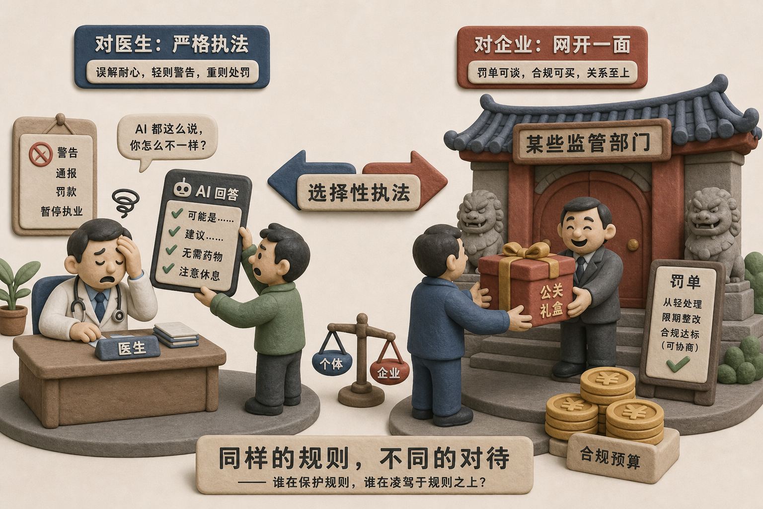 左侧是医生被举着AI回答的病人气到无奈,右侧是庙门口企业递上猪头换取罚单,两组场景用选择性执法箭头连接,浅色背景的商业评论版橡皮泥平面信息图的统一风格。