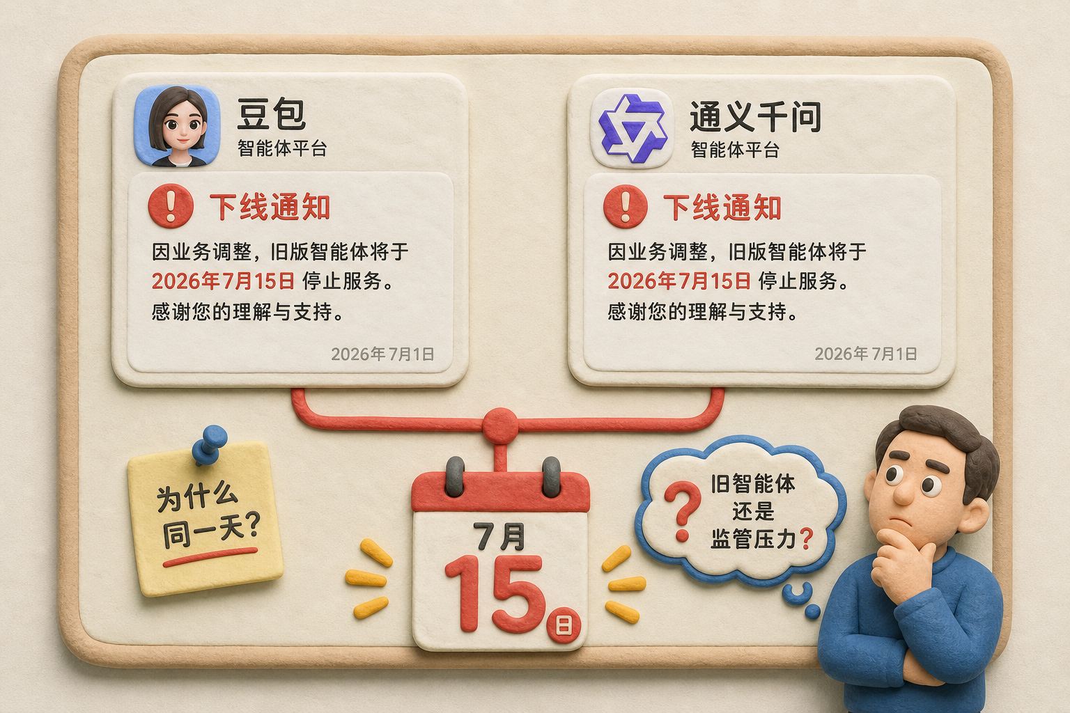 两张平台下线通知并排放在浅色公告板上,中间用红线连到同一个7月15日节点,旁边有疑问气泡写着旧智能体还是监管压力,浅色背景的商业评论版橡皮泥平面信息图的统一风格。