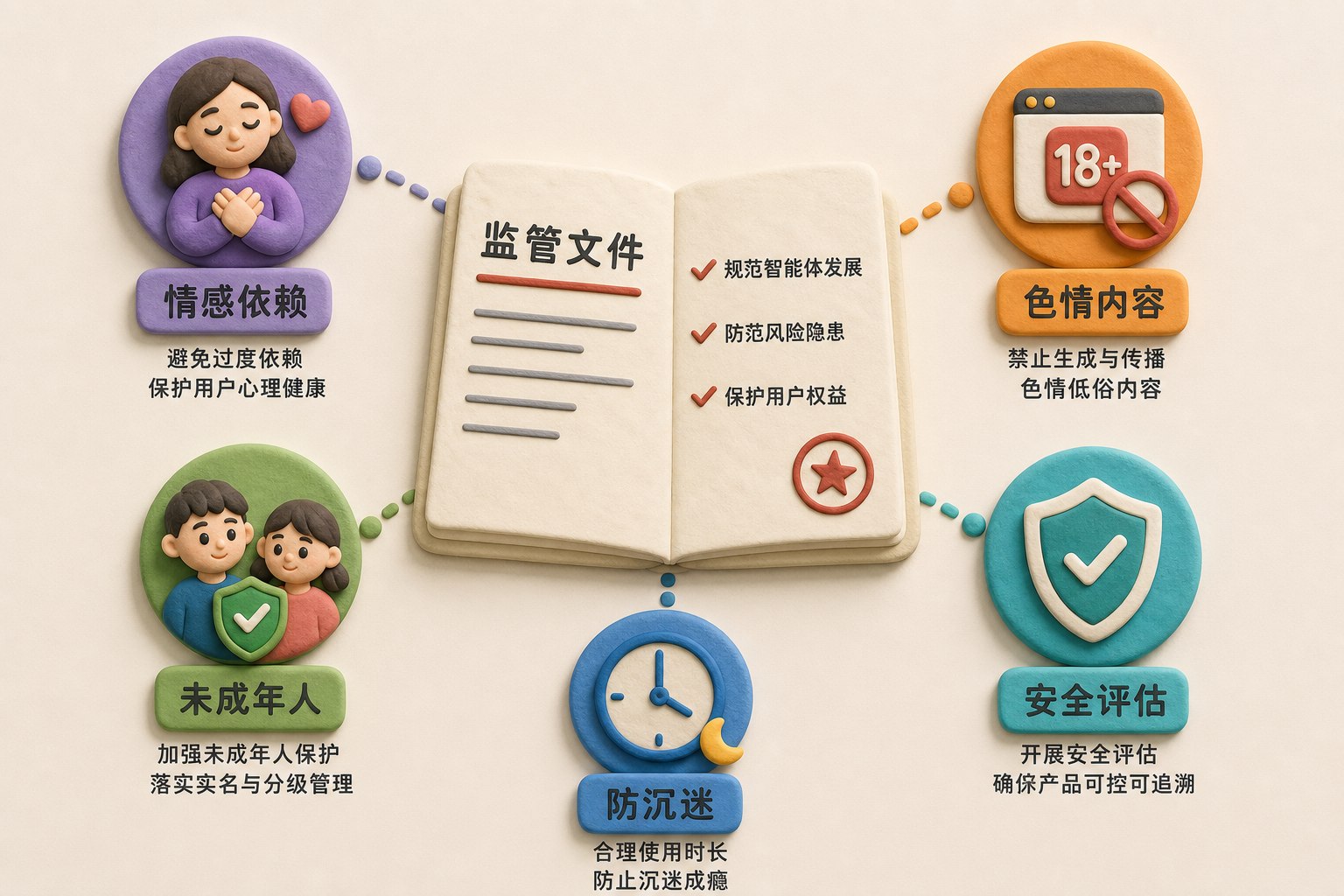 一份展开的监管文件放在中心,周围环绕情感依赖、色情内容、未成年人、防沉迷、安全评估五个彩色图标,形成规则地图构图,浅色背景的商业评论版橡皮泥平面信息图的统一风格。