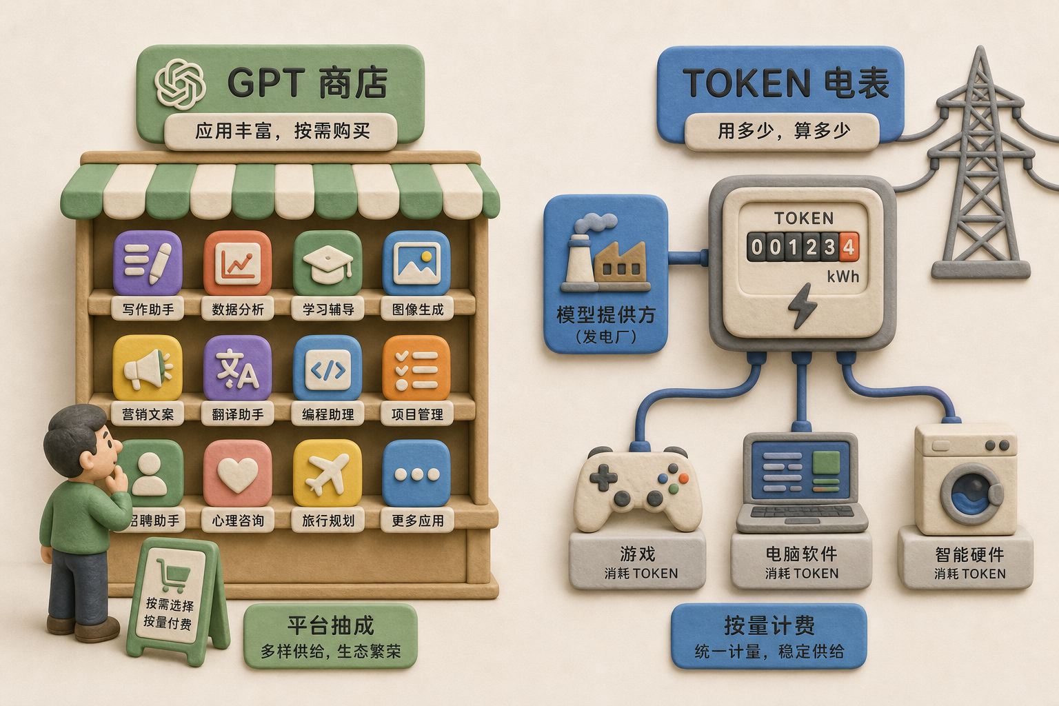 左边是摆满小应用图标的GPT商店货架,右边是电力公司式TOKEN电表给游戏机、电脑和洗衣机供能,两种商业模式对照构图,浅色背景的商业评论版橡皮泥平面信息图的统一风格。
