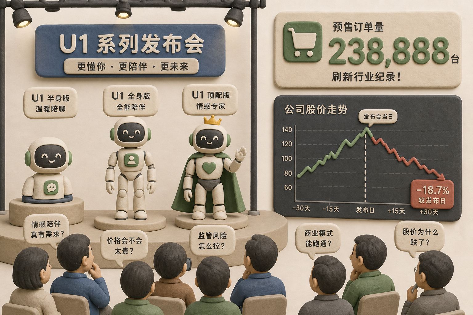 U1系列发布会舞台上摆着半身版、全身版和顶配版三台机器人,前方订单数字巨大但旁边股票折线先涨后跌,形成市场怀疑的对比,浅色背景的商业评论版橡皮泥平面信息图的统一风格。