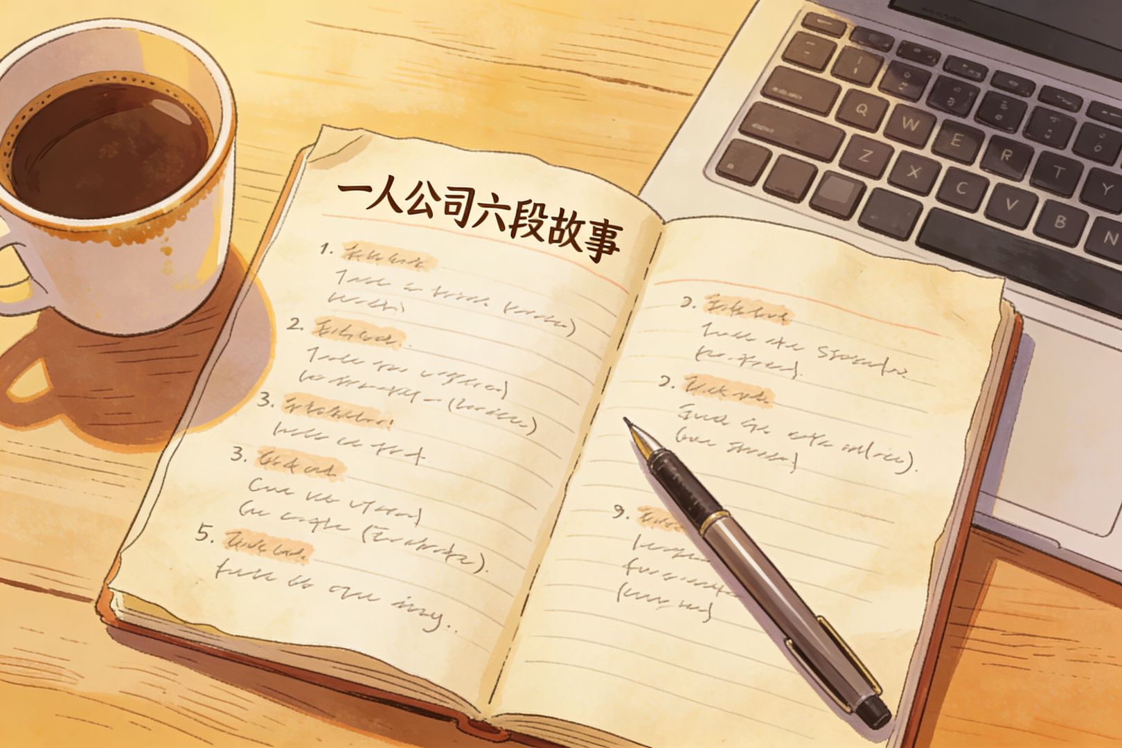 一张木质书桌俯视图，桌上摊开写满提纲的笔记本与一支钢笔，旁边放着电脑键盘和一杯咖啡，纸上标题写着“一人公司六段故事”，营造开场准备讲述的氛围，羊皮纸，钢笔彩色手绘的统一风格。