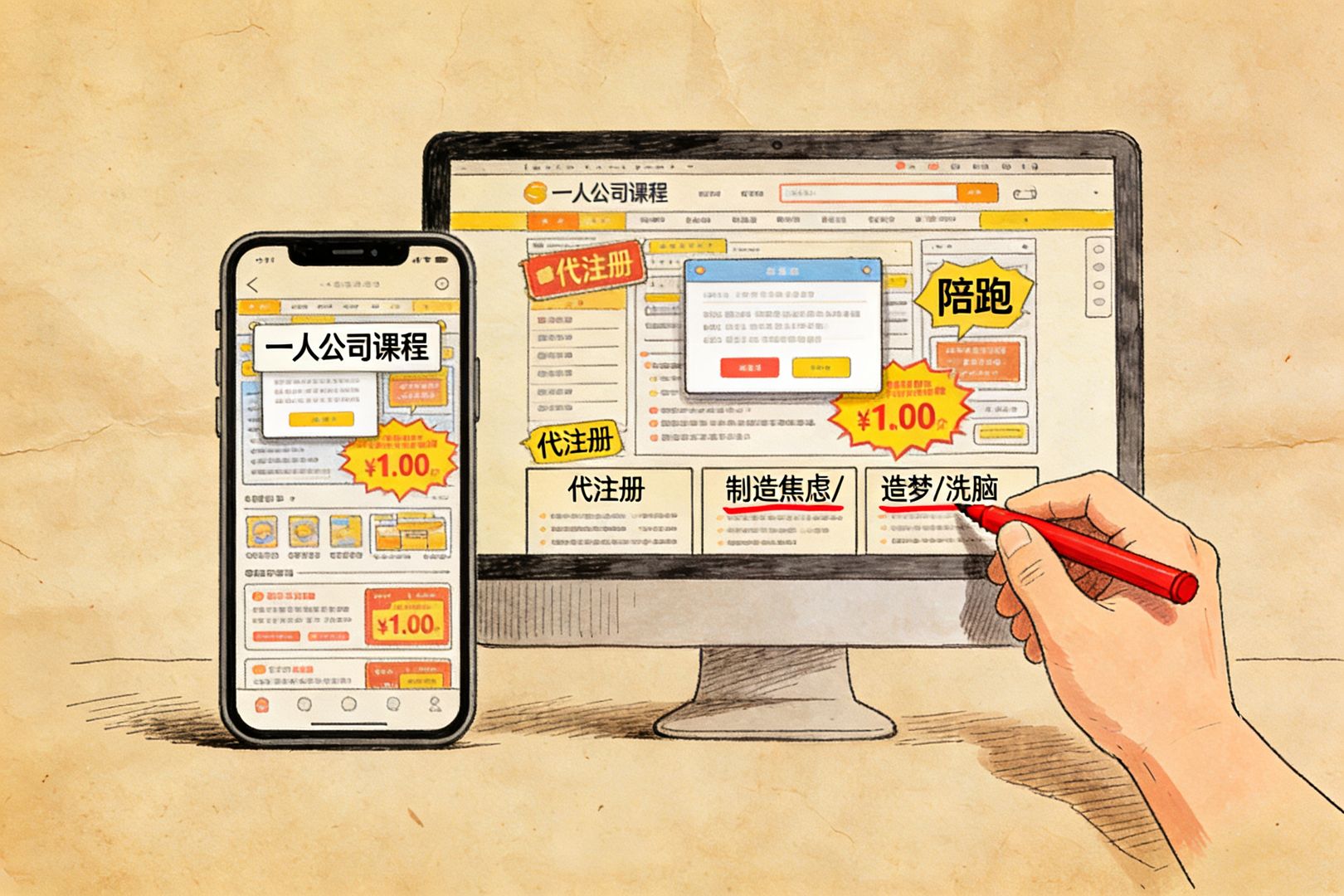 一张手机屏幕与电脑网页并列的画面，页面上密密麻麻是“一人公司课程”“陪跑”“代注册”广告弹窗与醒目的价格标签，旁边有人用红笔在“制造焦虑/造梦/洗脑”三栏做标记，羊皮纸，钢笔彩色手绘的统一风格。