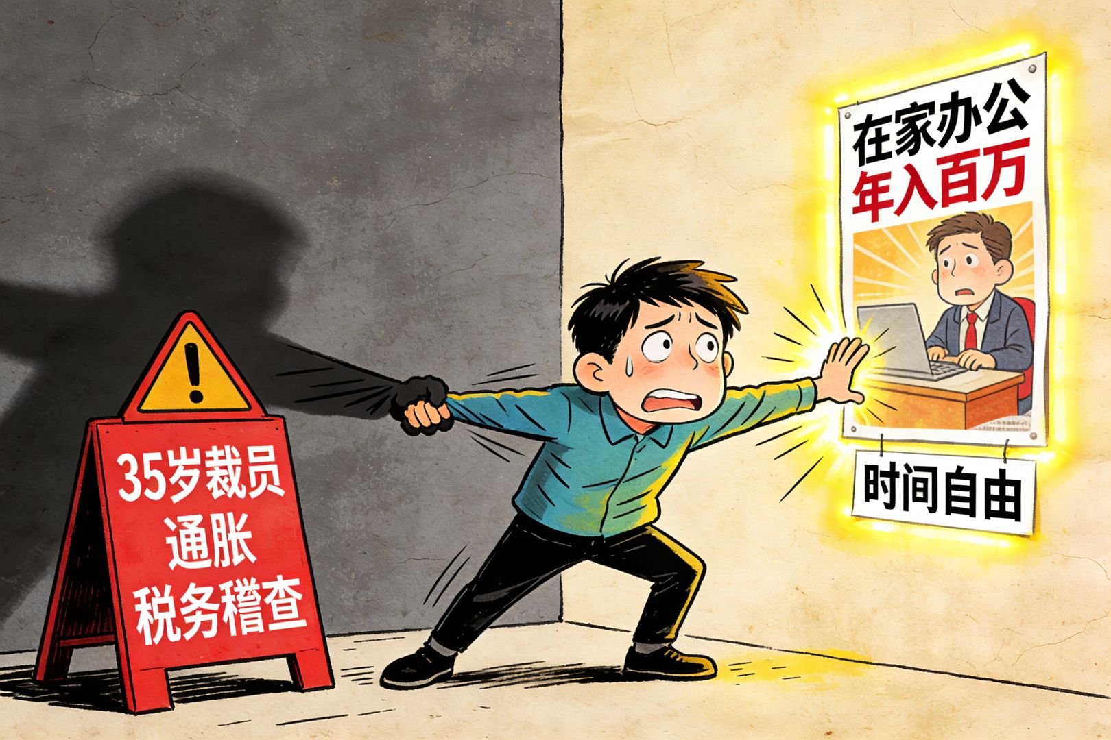 一幅对比画面：左侧是写着“35岁裁员”“通胀”“税务稽查”的阴影与红色警示牌，右侧是被包装得发光的“在家办公年入百万”海报与“时间自由”字样，中间有人被拉扯着表情焦虑，羊皮纸，钢笔彩色手绘的统一风格。