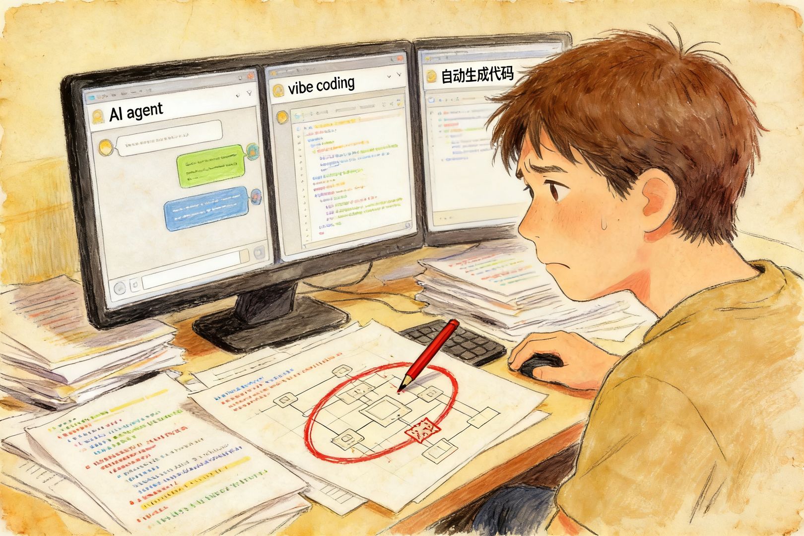 一个人坐在电脑前，屏幕上分成多个对话窗口写着“AI agent”“vibe coding”“自动生成代码”，桌面却堆着报错日志、架构图被红笔圈出漏洞，人物神情疲惫焦虑，羊皮纸，钢笔彩色手绘的统一风格。